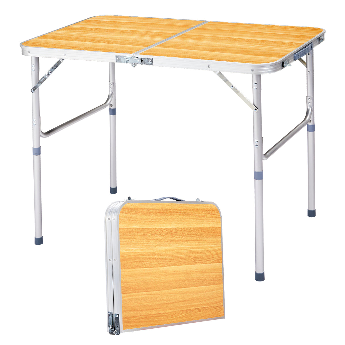 HAOYYE Aluminum Alloy Folding Table Wood Grain Color Lightweight Portable Picnic Table with Carry Handle Adjustable Height Waterproof Surface for Camping BBQ Indoor Outdoor Travel Events
