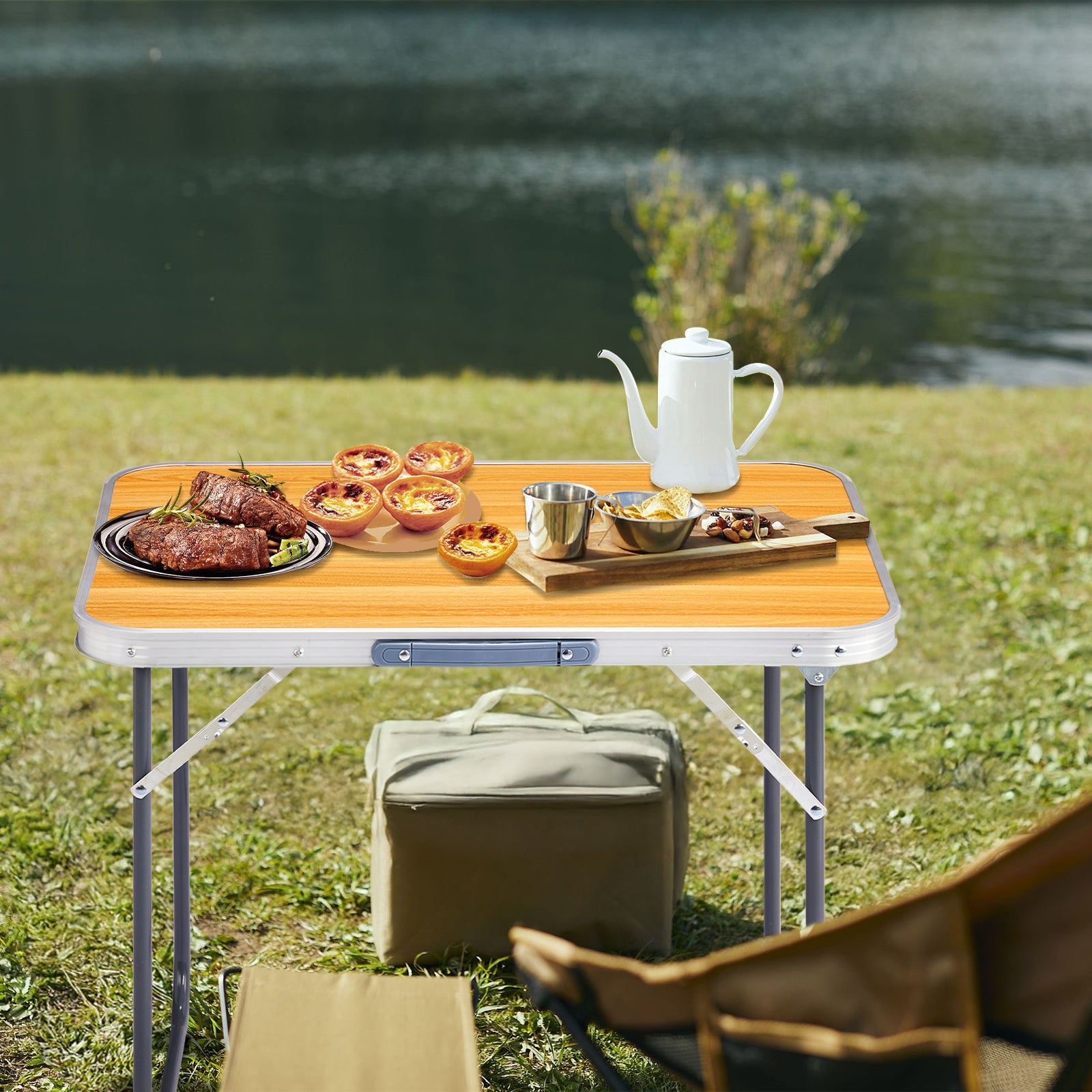 HAOYYE Aluminum Camping Folding Table Wood Grain Color Portable Outdoor Picnic Table Lightweight Rust-Resistant Easy Setup Small Utility Table for BBQ Hiking Patio Travel Indoor Outdoor Use