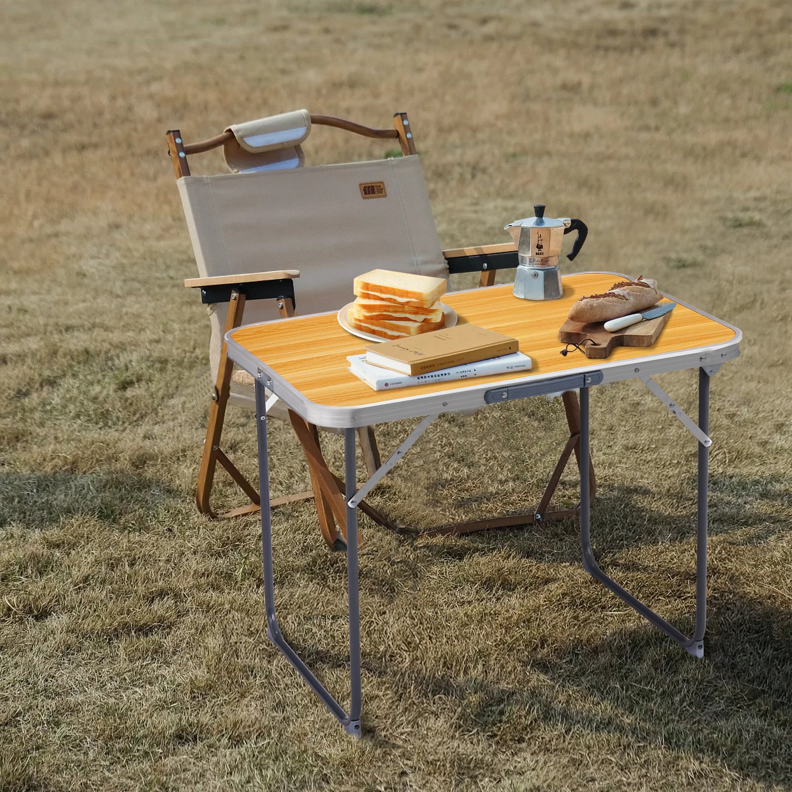 HAOYYE Aluminum Camping Folding Table Wood Grain Color Portable Outdoor Picnic Table Lightweight Rust-Resistant Easy Setup Small Utility Table for BBQ Hiking Patio Travel Indoor Outdoor Use