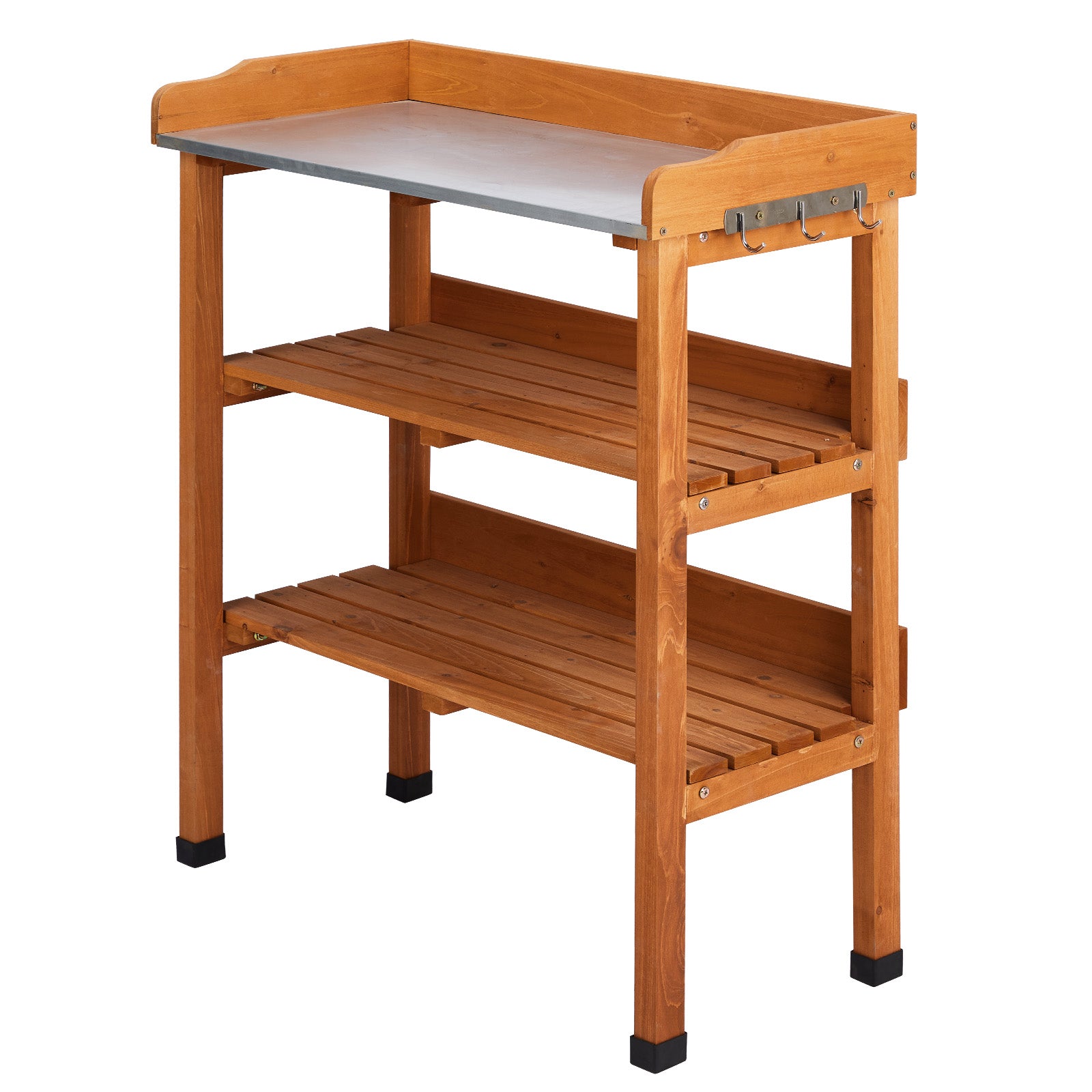 HAOYYE Outdoor Garden Potting Bench Table with Durable Metal Tabletop, Wooden Horticulture Workstation Featuring 2 Spacious Storage Shelves and 3 Convenient Hooks, Natural Wood Finish for Planting and Gardening Organization
