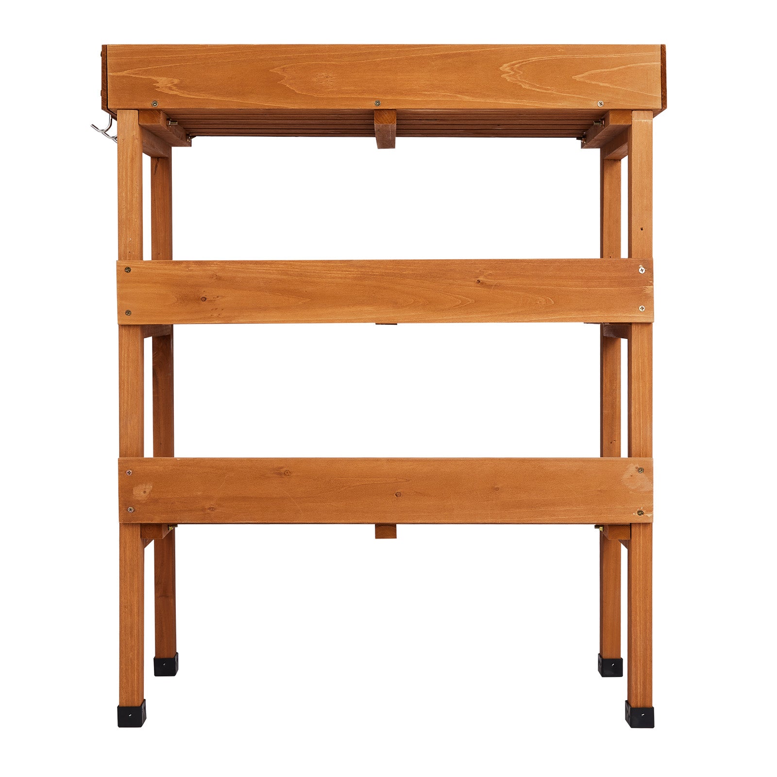 HAOYYE Outdoor Garden Potting Bench Table with Durable Metal Tabletop, Wooden Horticulture Workstation Featuring 2 Spacious Storage Shelves and 3 Convenient Hooks, Natural Wood Finish for Planting and Gardening Organization