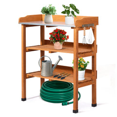 HAOYYE Outdoor Garden Potting Bench Table with Durable Metal Tabletop, Wooden Horticulture Workstation Featuring 2 Spacious Storage Shelves and 3 Convenient Hooks, Natural Wood Finish for Planting and Gardening Organization