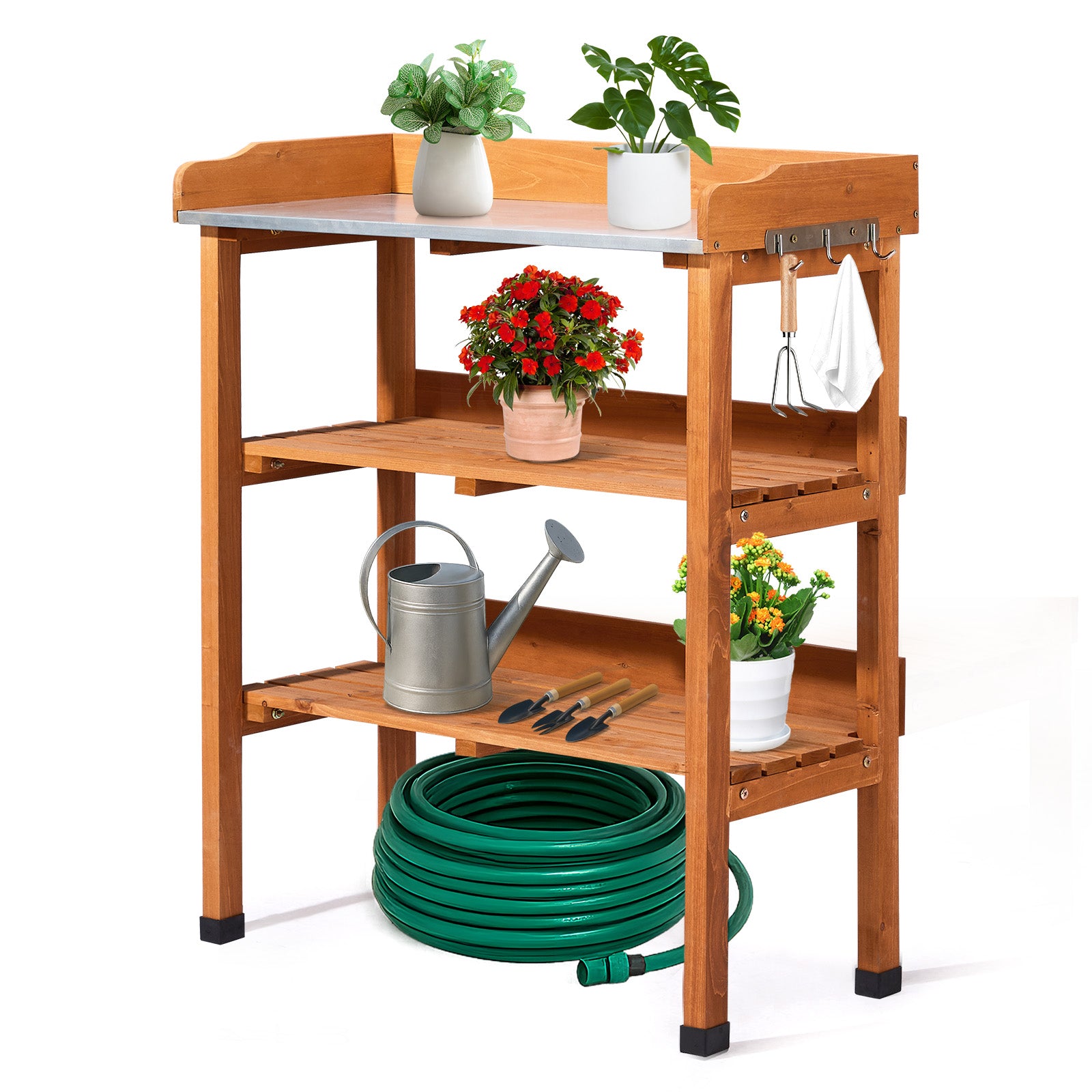 HAOYYE Outdoor Garden Potting Bench Table with Durable Metal Tabletop, Wooden Horticulture Workstation Featuring 2 Spacious Storage Shelves and 3 Convenient Hooks, Natural Wood Finish for Planting and Gardening Organization