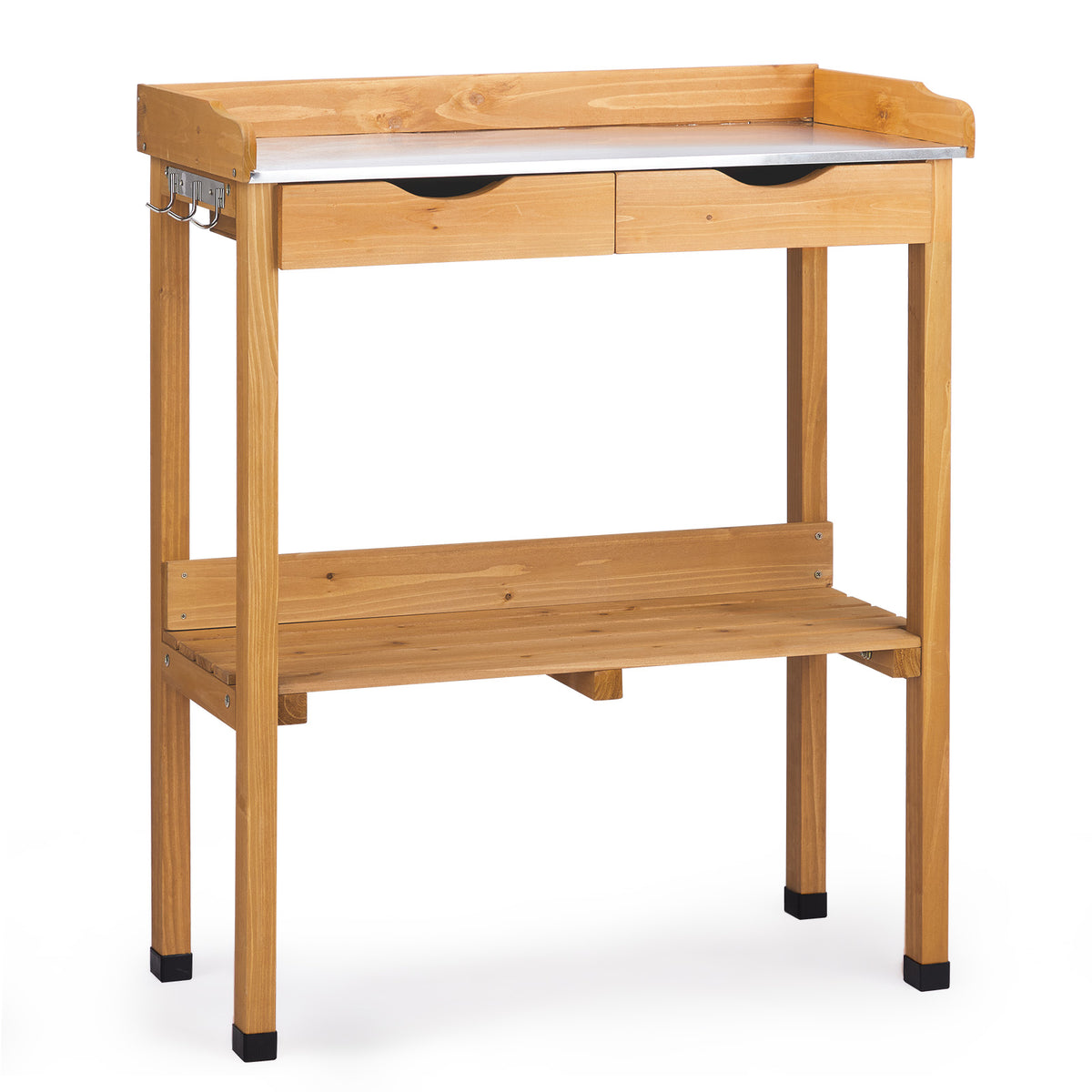 HAOYYE Outdoor Garden Potting Bench Table Wooden Planting Workstation with Metal Tabletop 2 Storage Drawers Bottom Shelf and 3 Side Hooks for Patio Balcony Greenhouse Backyard Natural Wood