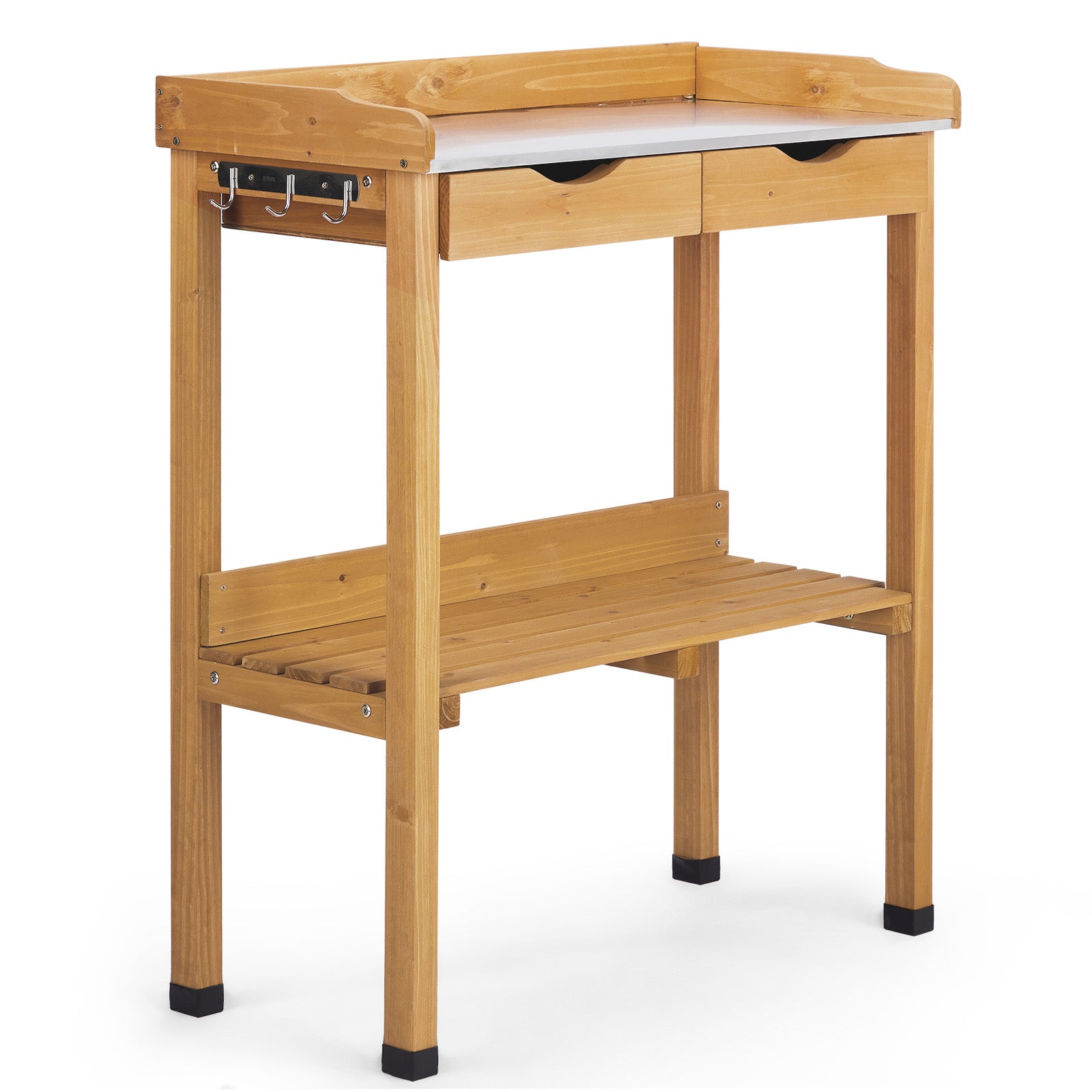 HAOYYE Outdoor Garden Potting Bench Table Wooden Planting Workstation with Metal Tabletop 2 Storage Drawers Bottom Shelf and 3 Side Hooks for Patio Balcony Greenhouse Backyard Natural Wood