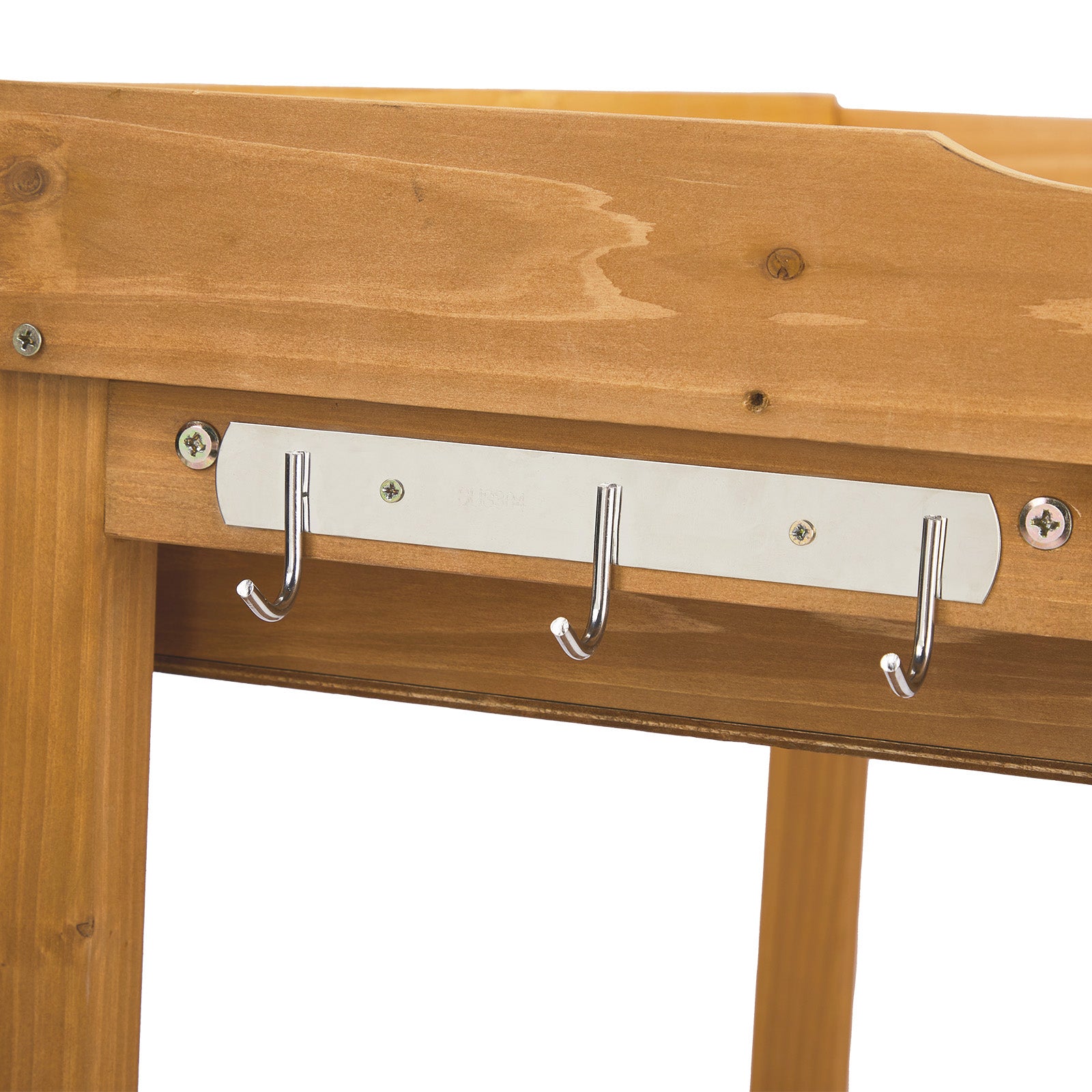 HAOYYE Outdoor Garden Potting Bench Table Wooden Planting Workstation with Metal Tabletop 2 Storage Drawers Bottom Shelf and 3 Side Hooks for Patio Balcony Greenhouse Backyard Natural Wood