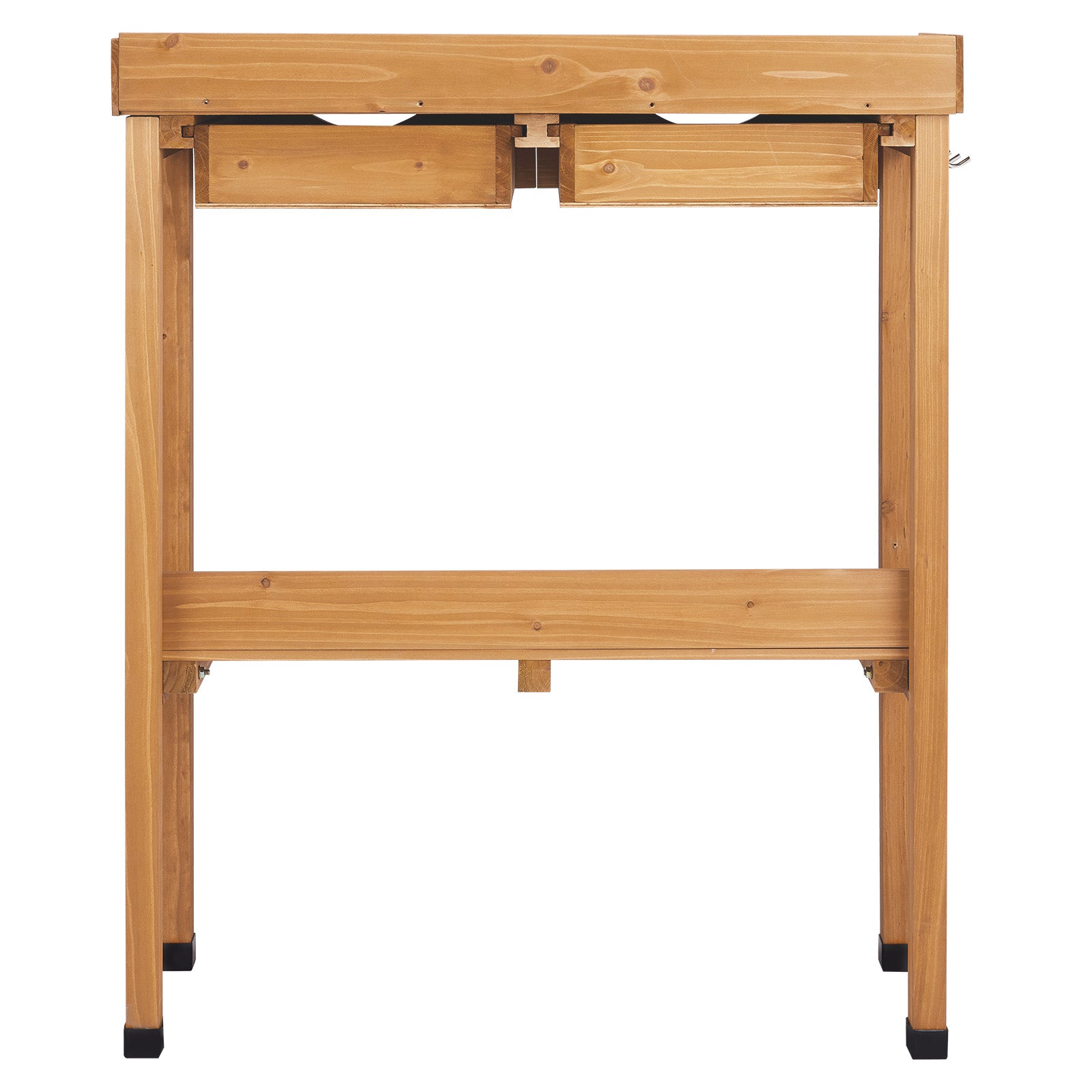 HAOYYE Outdoor Garden Potting Bench Table Wooden Planting Workstation with Metal Tabletop 2 Storage Drawers Bottom Shelf and 3 Side Hooks for Patio Balcony Greenhouse Backyard Natural Wood