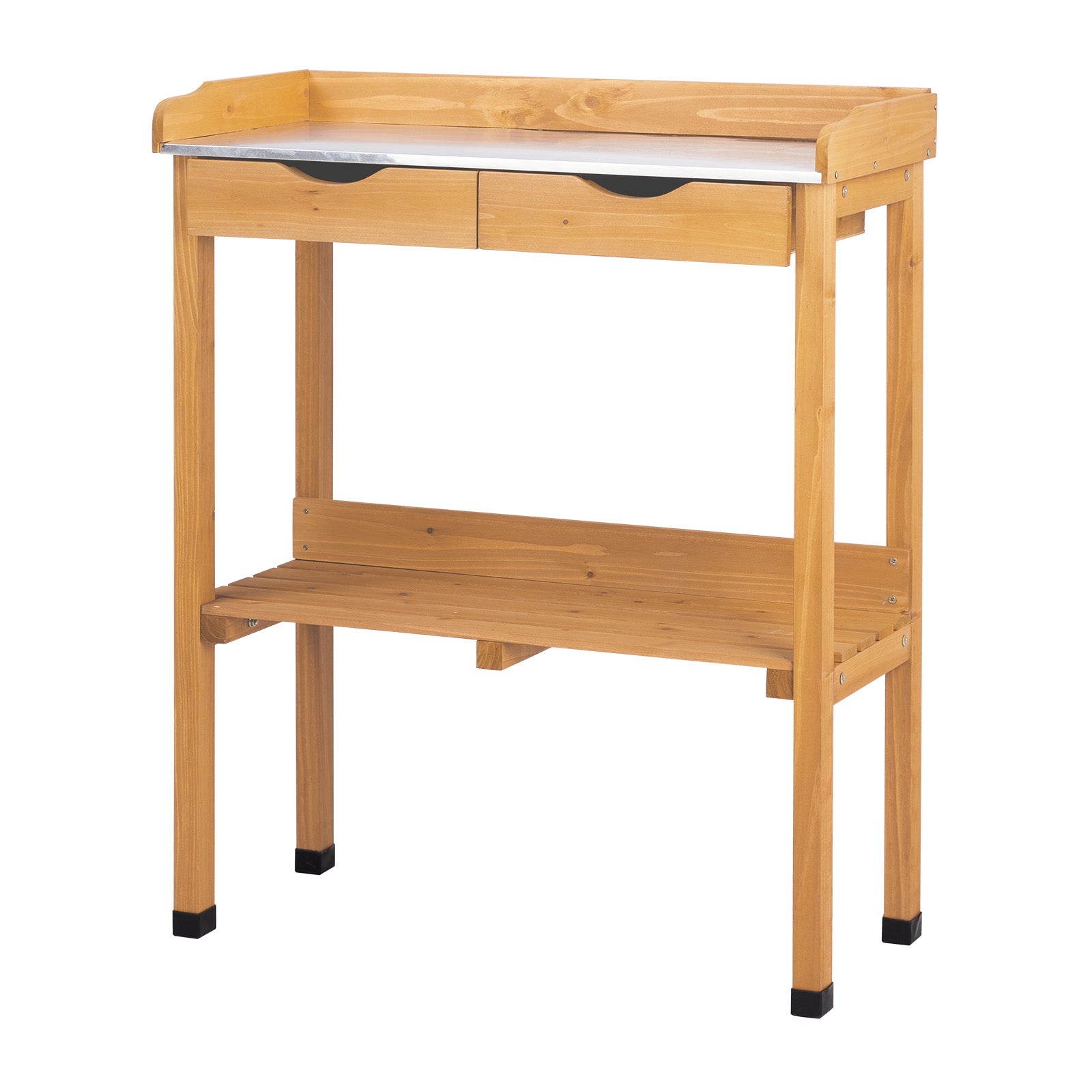 HAOYYE Outdoor Garden Potting Bench Table Wooden Planting Workstation with Metal Tabletop 2 Storage Drawers Bottom Shelf and 3 Side Hooks for Patio Balcony Greenhouse Backyard Natural Wood