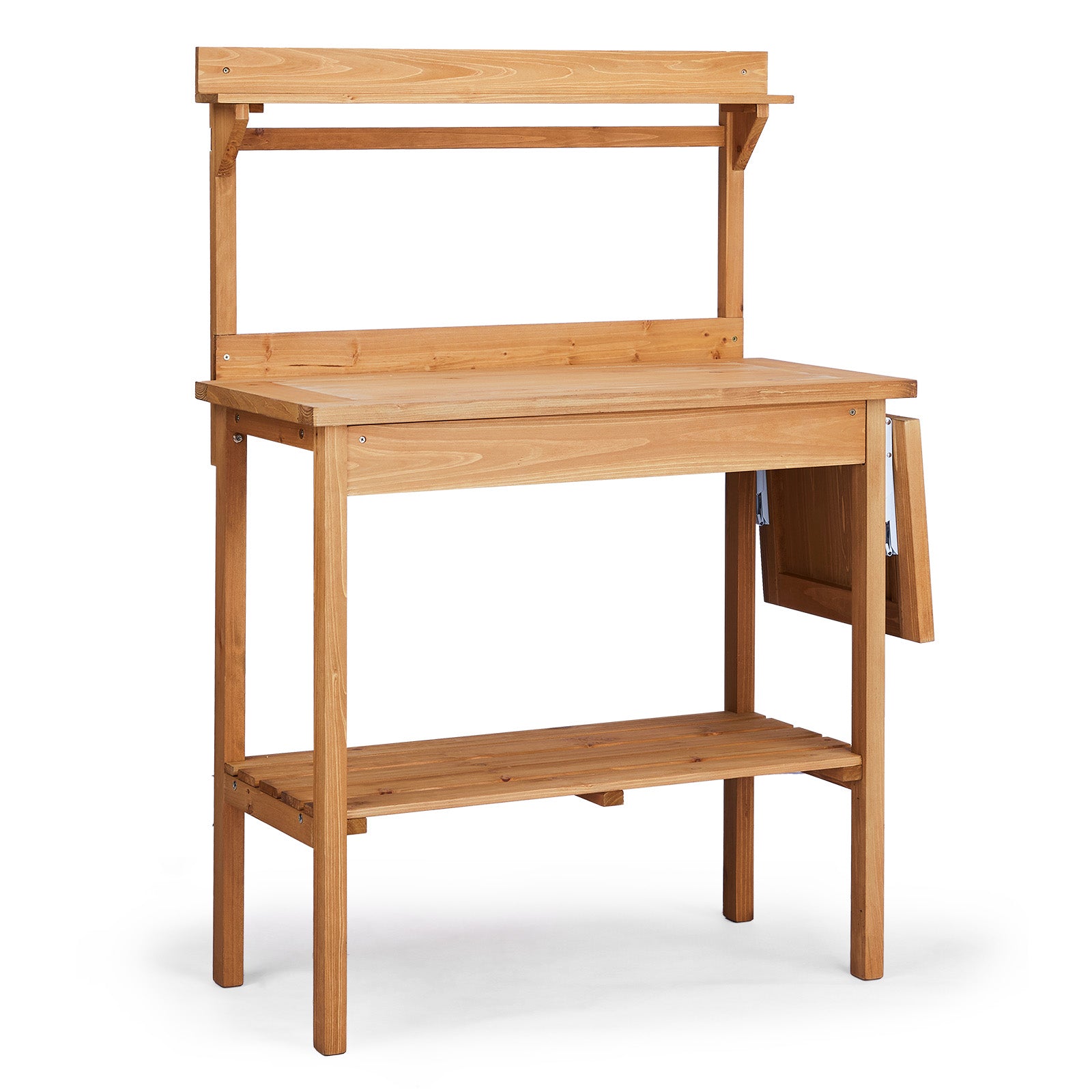 HAOYYE Outdoor Wooden Potting Bench Table with Folding Pallet Metal Tabletop and Storage Shelves Garden Planting Workstation for Backyard Balcony Patio Natural Wood Horticulture Gardening Organizer
