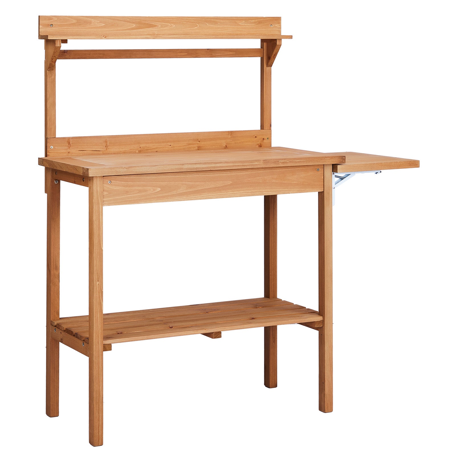 HAOYYE Outdoor Wooden Potting Bench Table with Folding Pallet Metal Tabletop and Storage Shelves Garden Planting Workstation for Backyard Balcony Patio Natural Wood Horticulture Gardening Organizer