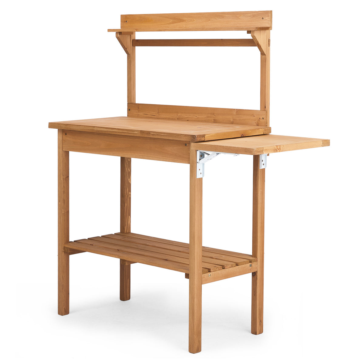 HAOYYE Outdoor Wooden Potting Bench Table with Folding Pallet Metal Tabletop and Storage Shelves Garden Planting Workstation for Backyard Balcony Patio Natural Wood Horticulture Gardening Organizer