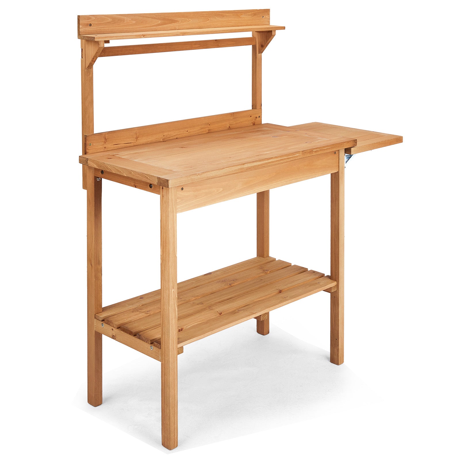 HAOYYE Outdoor Wooden Potting Bench Table with Folding Pallet Metal Tabletop and Storage Shelves Garden Planting Workstation for Backyard Balcony Patio Natural Wood Horticulture Gardening Organizer