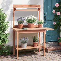 HAOYYE Outdoor Wooden Potting Bench Table with Folding Pallet Metal Tabletop and Storage Shelves Garden Planting Workstation for Backyard Balcony Patio Natural Wood Horticulture Gardening Organizer