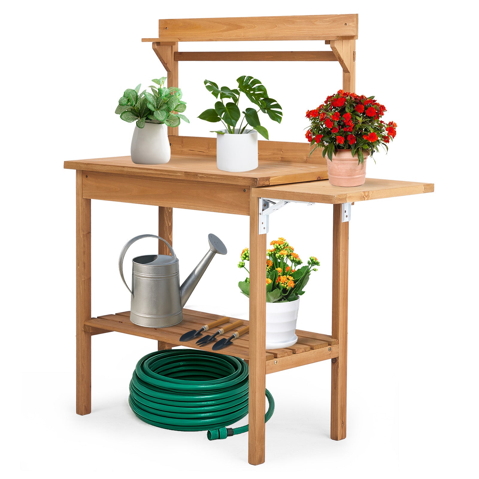 HAOYYE Outdoor Wooden Potting Bench Table with Folding Pallet Metal Tabletop and Storage Shelves Garden Planting Workstation for Backyard Balcony Patio Natural Wood Horticulture Gardening Organizer