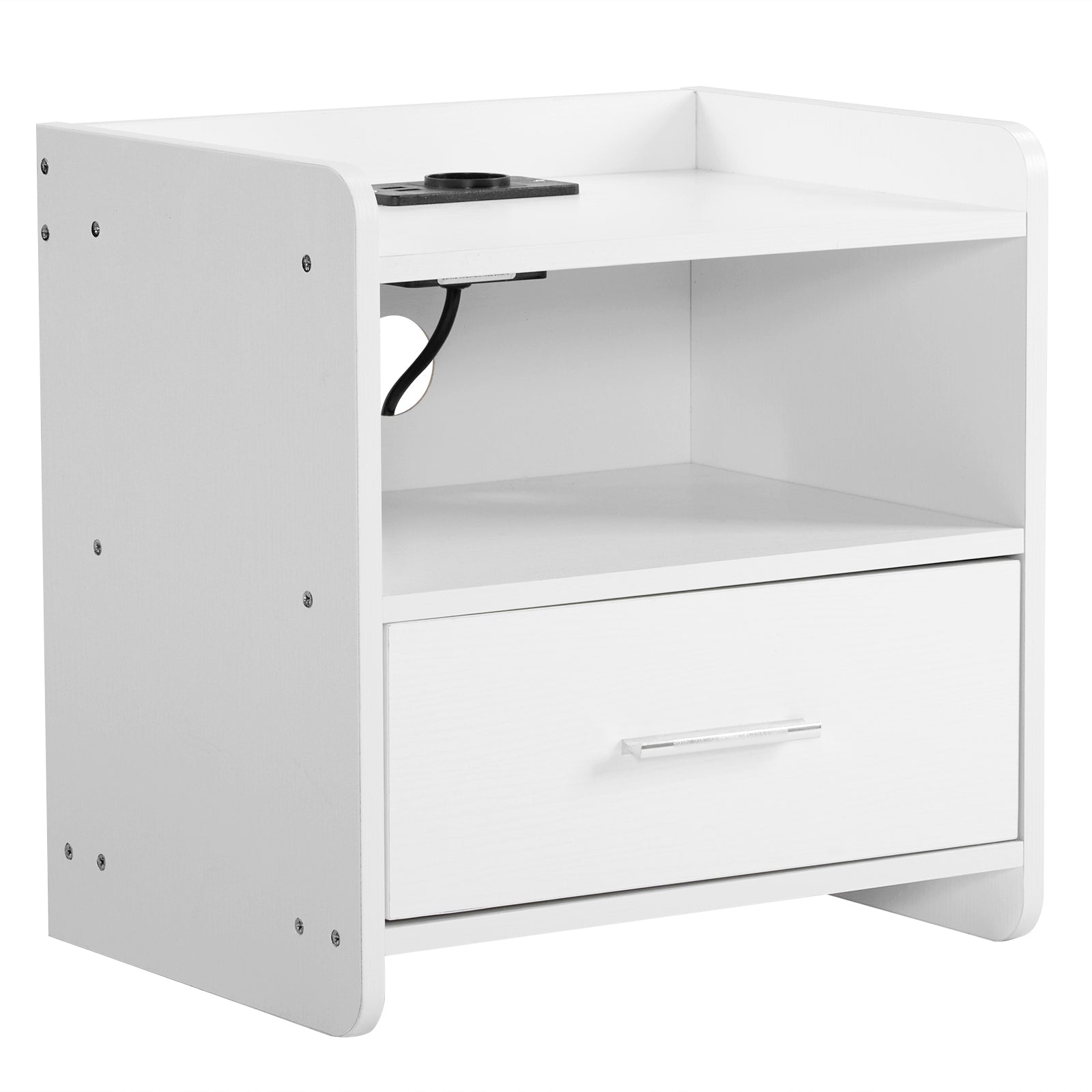DE Direct HAOYYE White Bedside Table with Single Drawer LED Light and Built-in Power Socket Modern Nightstand for Bedroom Living Room Dorm Minimalist End Table with Storage