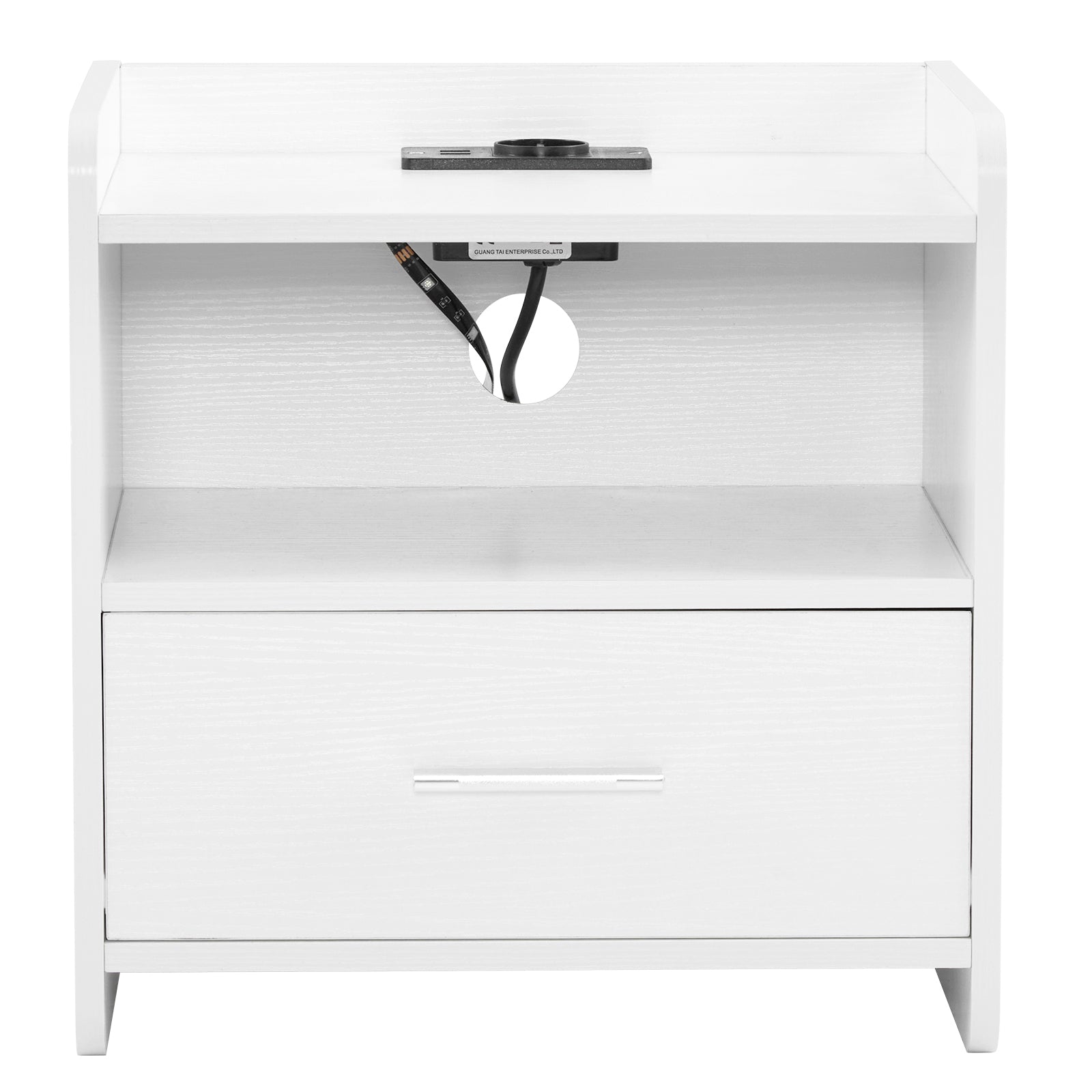 DE Direct HAOYYE White Bedside Table with Single Drawer LED Light and Built-in Power Socket Modern Nightstand for Bedroom Living Room Dorm Minimalist End Table with Storage