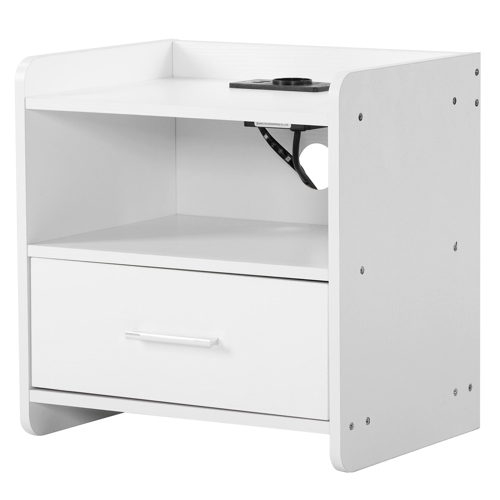 DE Direct HAOYYE White Bedside Table with Single Drawer LED Light and Built-in Power Socket Modern Nightstand for Bedroom Living Room Dorm Minimalist End Table with Storage