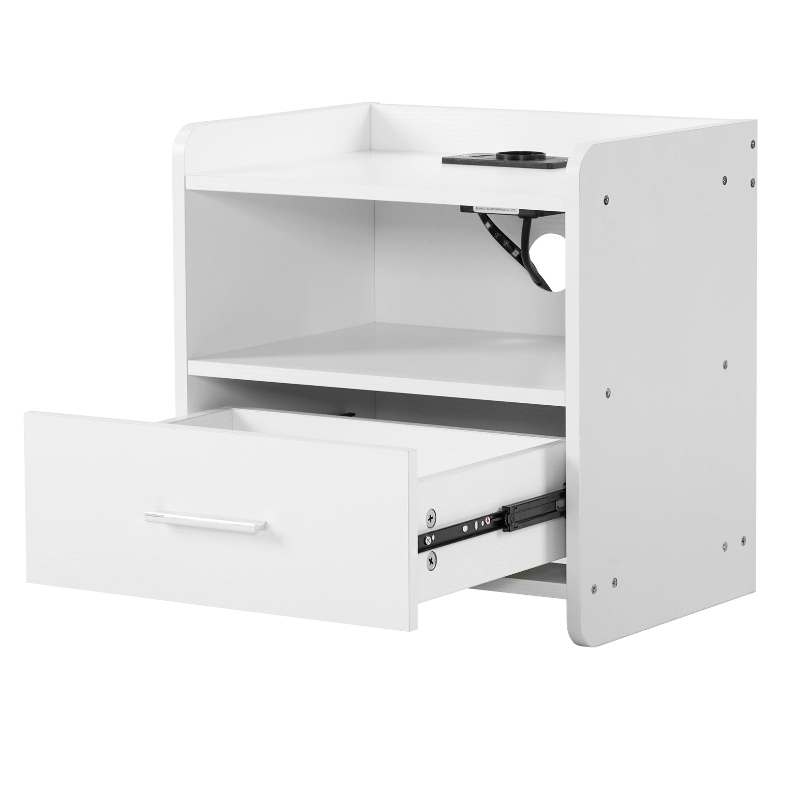 DE Direct HAOYYE White Bedside Table with Single Drawer LED Light and Built-in Power Socket Modern Nightstand for Bedroom Living Room Dorm Minimalist End Table with Storage
