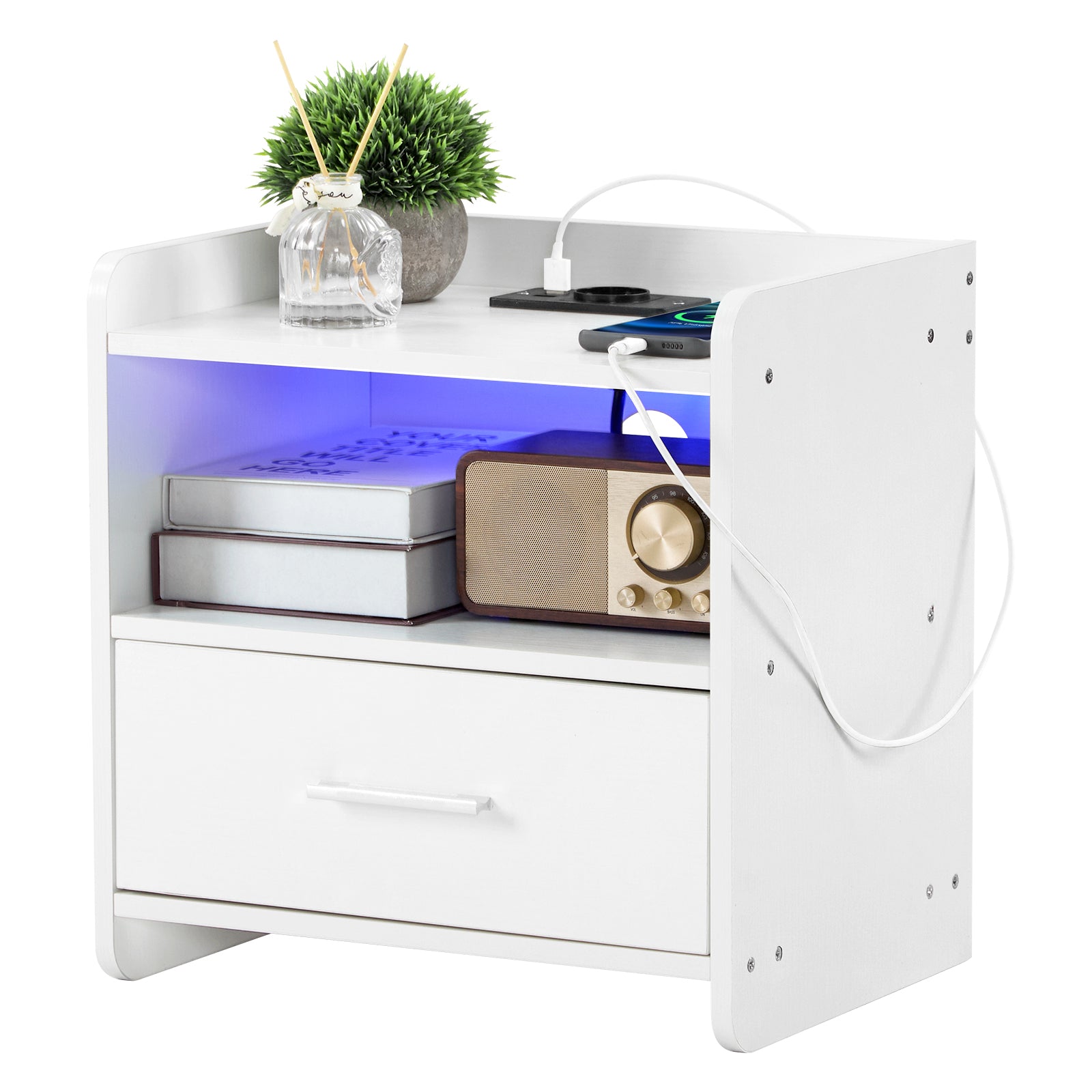 DE Direct HAOYYE White Bedside Table with Single Drawer LED Light and Built-in Power Socket Modern Nightstand for Bedroom Living Room Dorm Minimalist End Table with Storage
