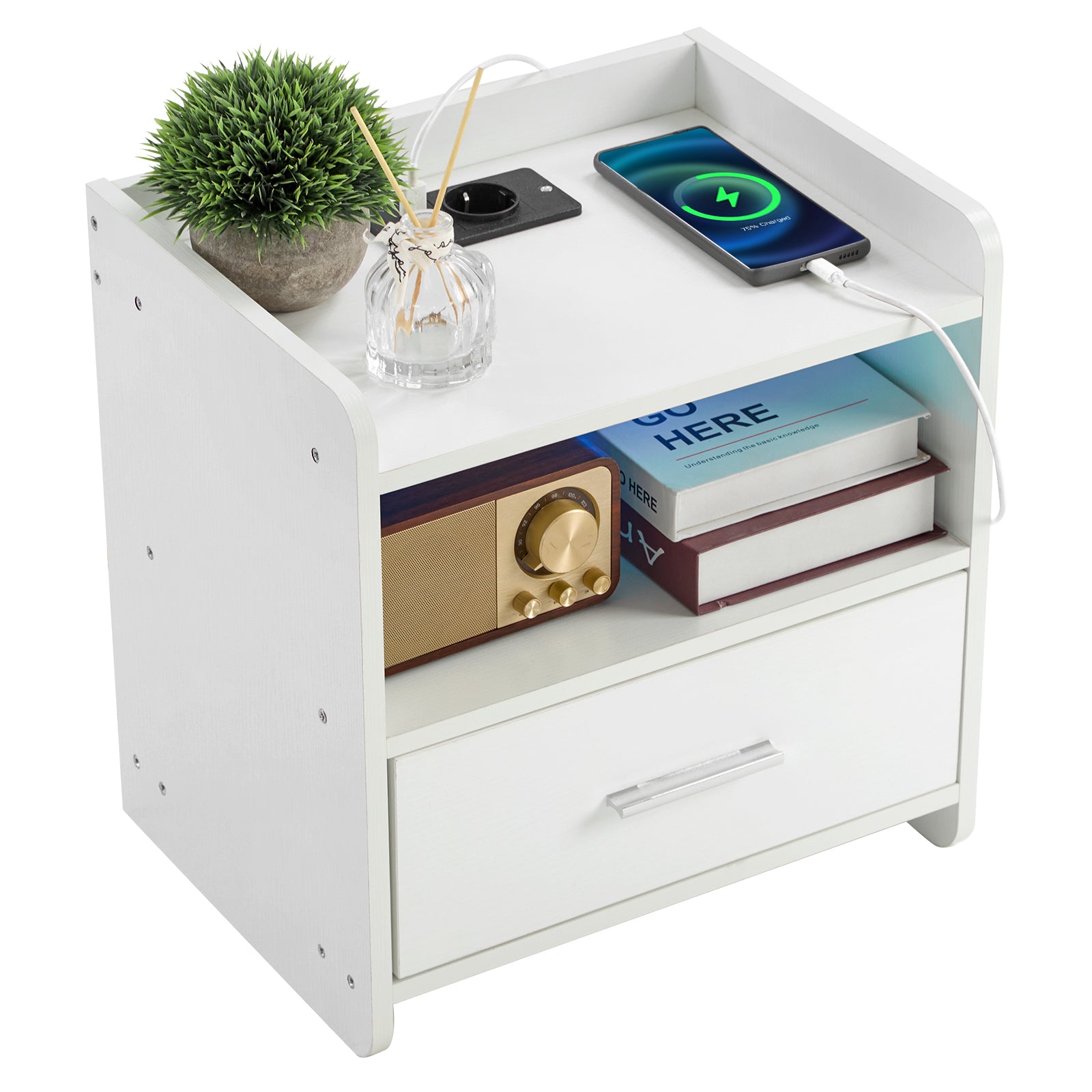 DE Direct HAOYYE White Bedside Table with Single Drawer LED Light and Built-in Power Socket Modern Nightstand for Bedroom Living Room Dorm Minimalist End Table with Storage