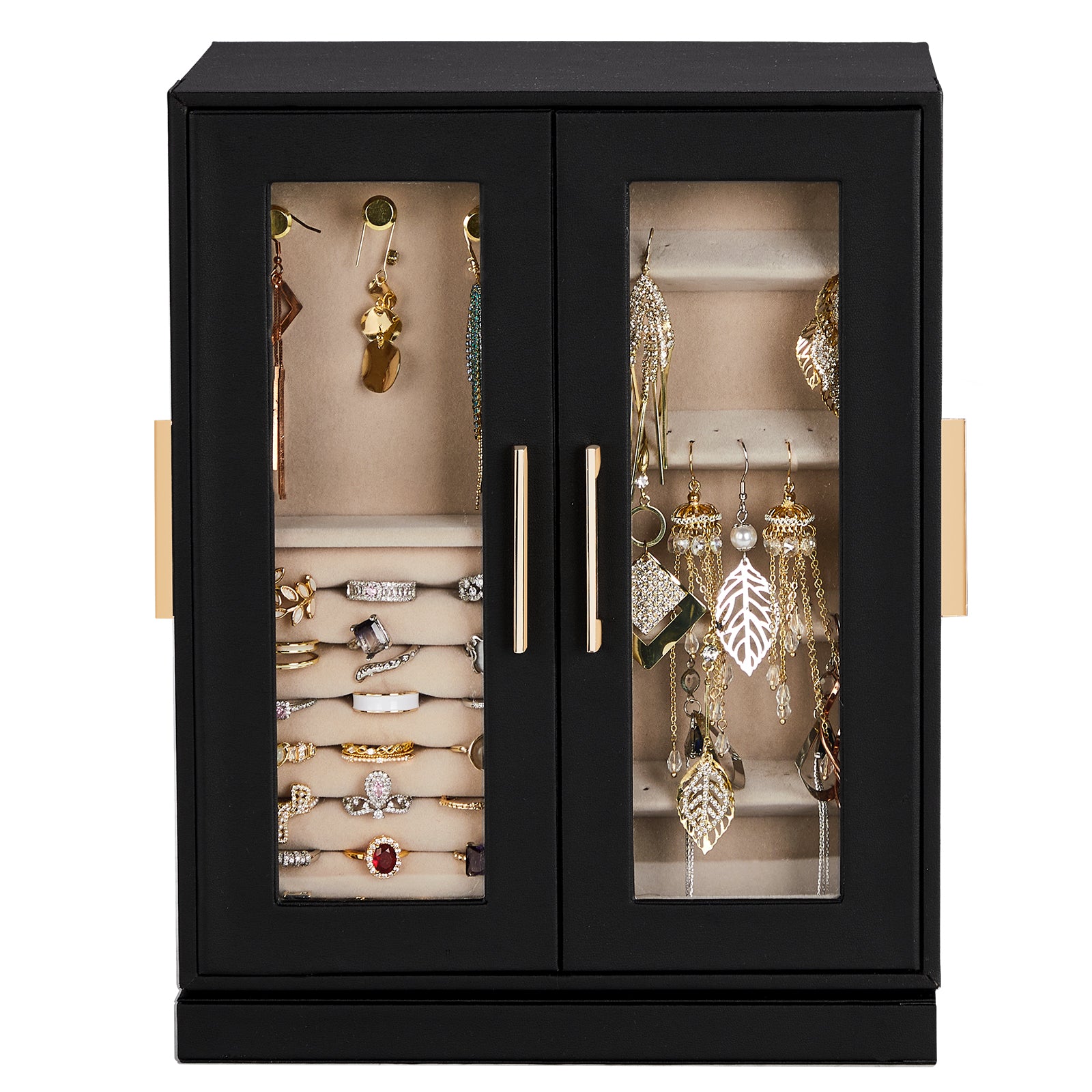 HAOYYE 360° Rotating Jewelry Box with 5 Drawers, Black Exterior and Pink Velvet Interior, Compact Multi-Compartment Organizer for Rings, Necklaces, Earrings