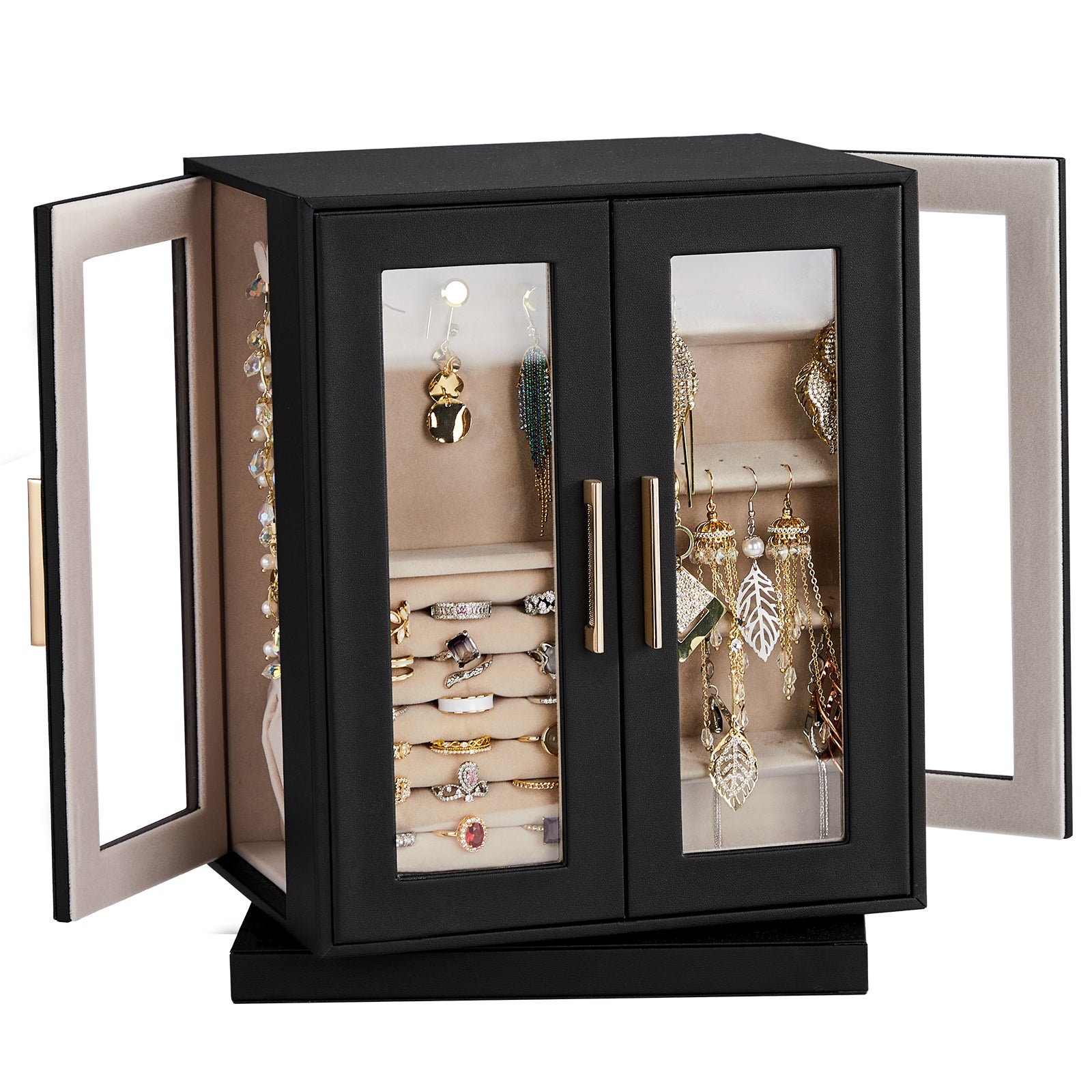 HAOYYE 360° Rotating Jewelry Box with 5 Drawers, Black Exterior and Pink Velvet Interior, Compact Multi-Compartment Organizer for Rings, Necklaces, Earrings