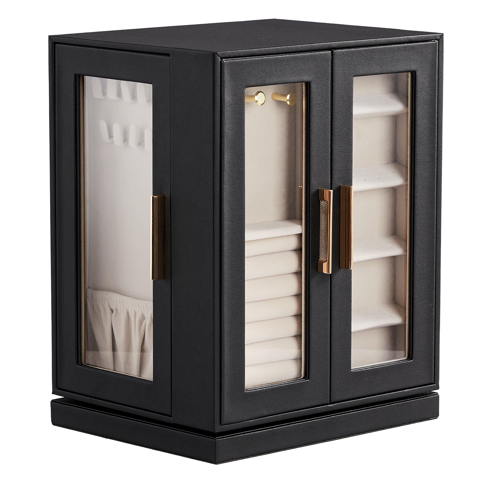 HAOYYE 360° Rotating Jewelry Box with 5 Drawers, Black Exterior and Pink Velvet Interior, Compact Multi-Compartment Organizer for Rings, Necklaces, Earrings