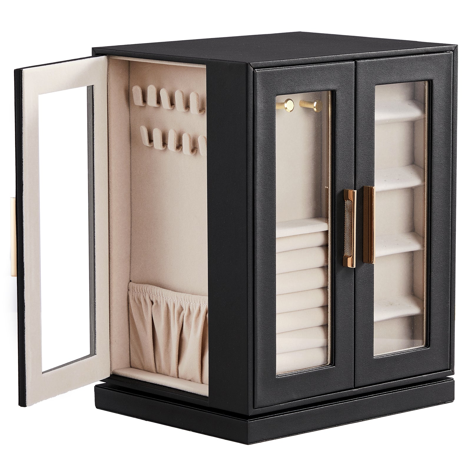 HAOYYE 360° Rotating Jewelry Box with 5 Drawers, Black Exterior and Pink Velvet Interior, Compact Multi-Compartment Organizer for Rings, Necklaces, Earrings