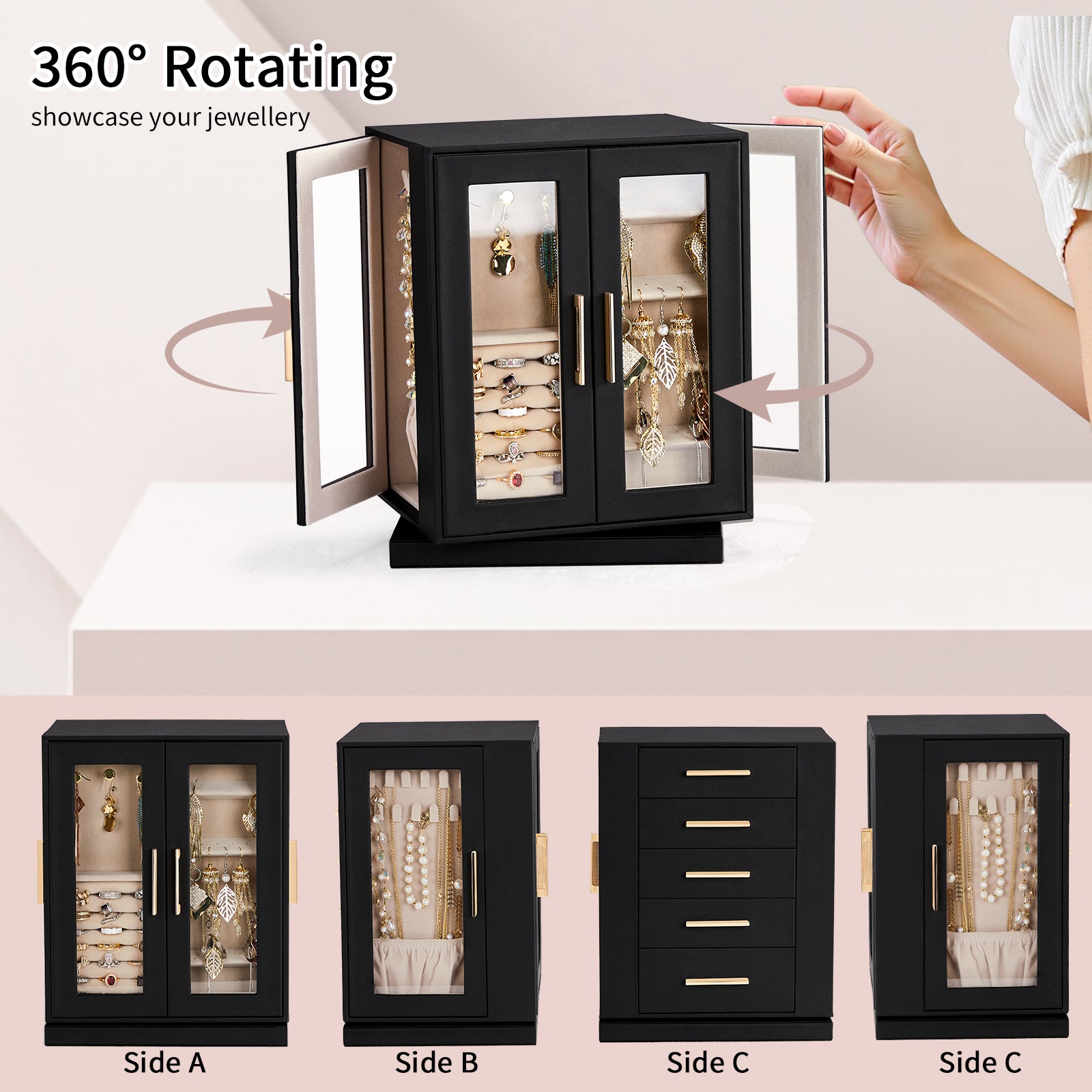HAOYYE 360° Rotating Jewelry Box with 5 Drawers, Black Exterior and Pink Velvet Interior, Compact Multi-Compartment Organizer for Rings, Necklaces, Earrings