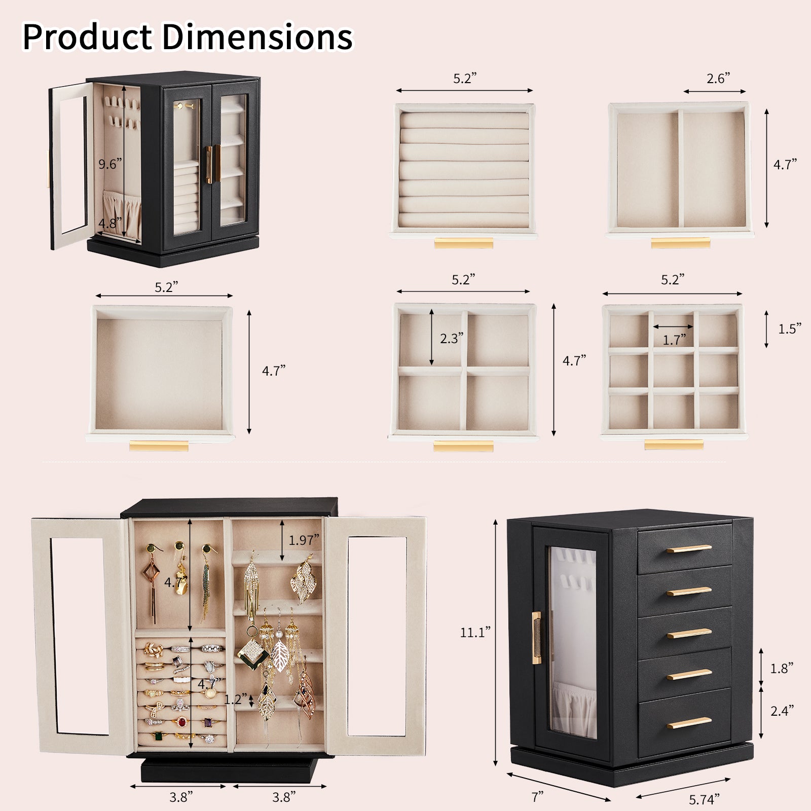 HAOYYE 360° Rotating Jewelry Box with 5 Drawers, Black Exterior and Pink Velvet Interior, Compact Multi-Compartment Organizer for Rings, Necklaces, Earrings