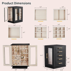 HAOYYE 360° Rotating Jewelry Box with 5 Drawers, Black Exterior and Pink Velvet Interior, Compact Multi-Compartment Organizer for Rings, Necklaces, Earrings