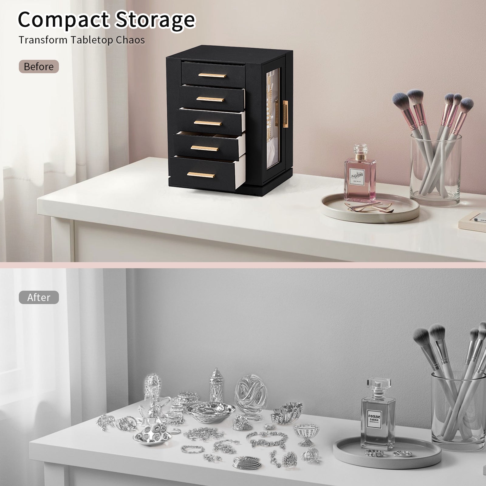 HAOYYE 360° Rotating Jewelry Box with 5 Drawers, Black Exterior and Pink Velvet Interior, Compact Multi-Compartment Organizer for Rings, Necklaces, Earrings