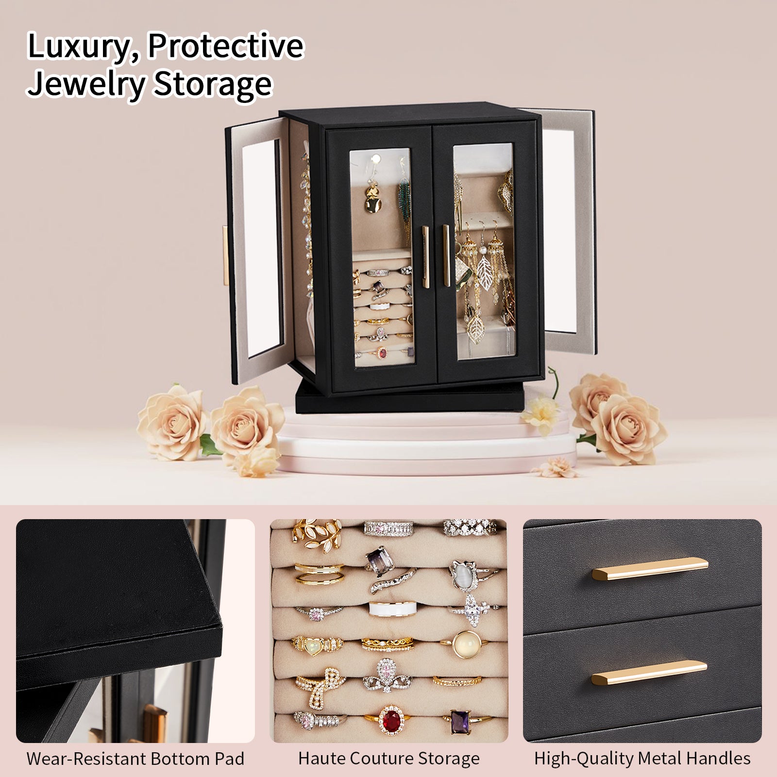 HAOYYE 360° Rotating Jewelry Box with 5 Drawers, Black Exterior and Pink Velvet Interior, Compact Multi-Compartment Organizer for Rings, Necklaces, Earrings