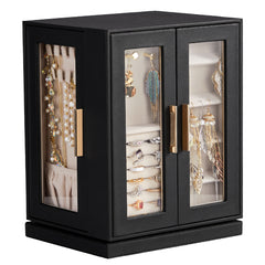 HAOYYE 360° Rotating Jewelry Box with 5 Drawers, Black Exterior and Pink Velvet Interior, Compact Multi-Compartment Organizer for Rings, Necklaces, Earrings