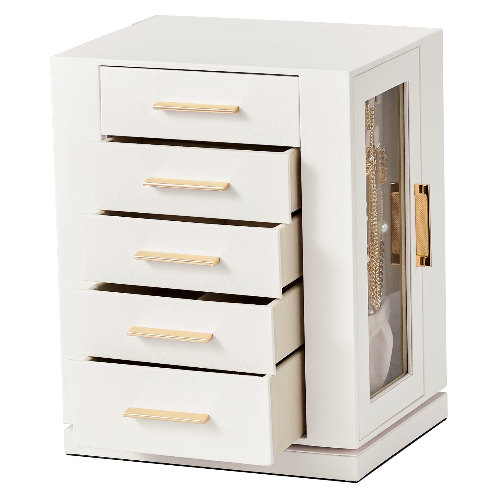 HAOYYE 360° Rotating Jewelry Box with 5 Spacious Drawers, Elegant White Cabinet and Soft Pink Velvet Lining, Multi-Functional Jewelry Organizer for Rings, Necklaces, Earrings, and Accessories