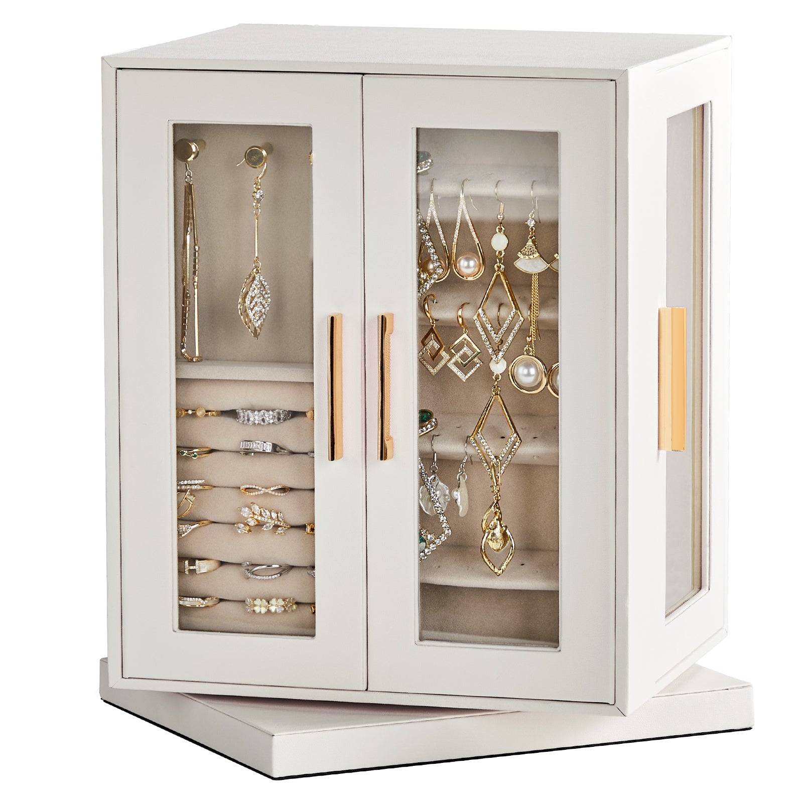 HAOYYE 360° Rotating Jewelry Box with 5 Spacious Drawers, Elegant White Cabinet and Soft Pink Velvet Lining, Multi-Functional Jewelry Organizer for Rings, Necklaces, Earrings, and Accessories
