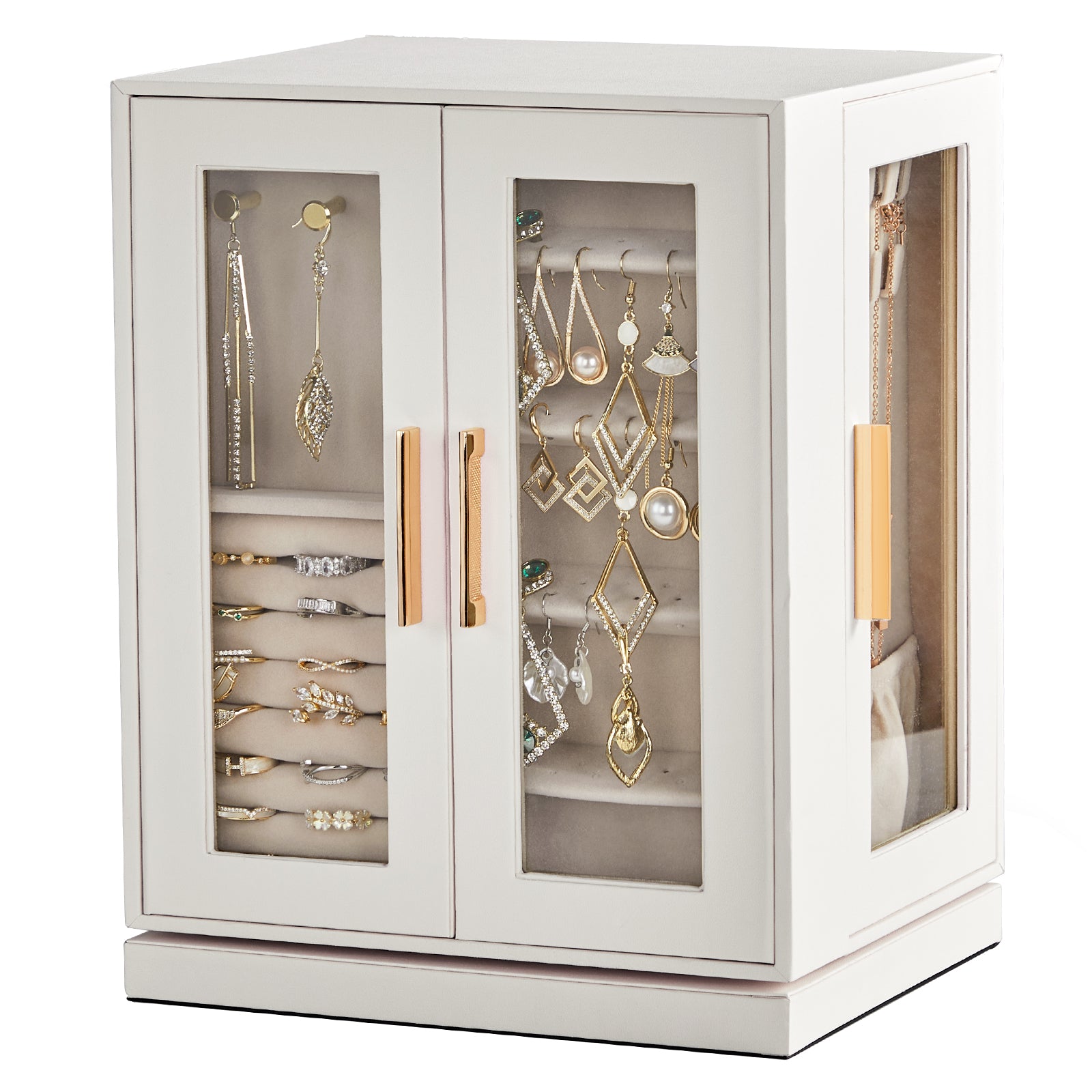 HAOYYE 360° Rotating Jewelry Box with 5 Spacious Drawers, Elegant White Cabinet and Soft Pink Velvet Lining, Multi-Functional Jewelry Organizer for Rings, Necklaces, Earrings, and Accessories