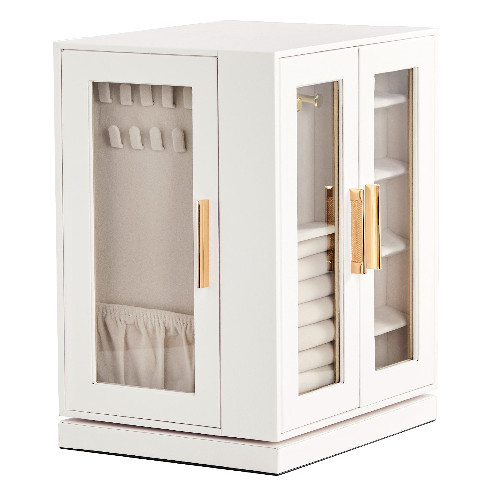 HAOYYE 360° Rotating Jewelry Box with 5 Spacious Drawers, Elegant White Cabinet and Soft Pink Velvet Lining, Multi-Functional Jewelry Organizer for Rings, Necklaces, Earrings, and Accessories