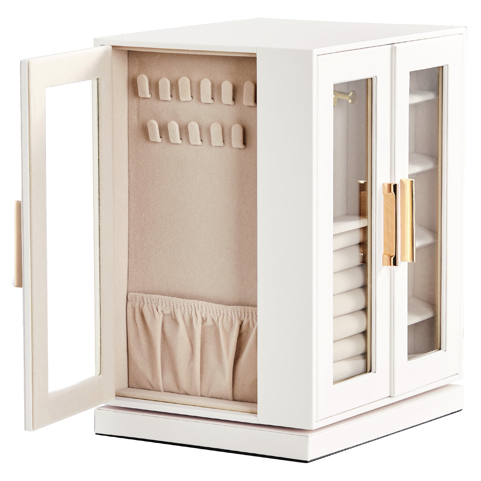 HAOYYE 360° Rotating Jewelry Box with 5 Spacious Drawers, Elegant White Cabinet and Soft Pink Velvet Lining, Multi-Functional Jewelry Organizer for Rings, Necklaces, Earrings, and Accessories