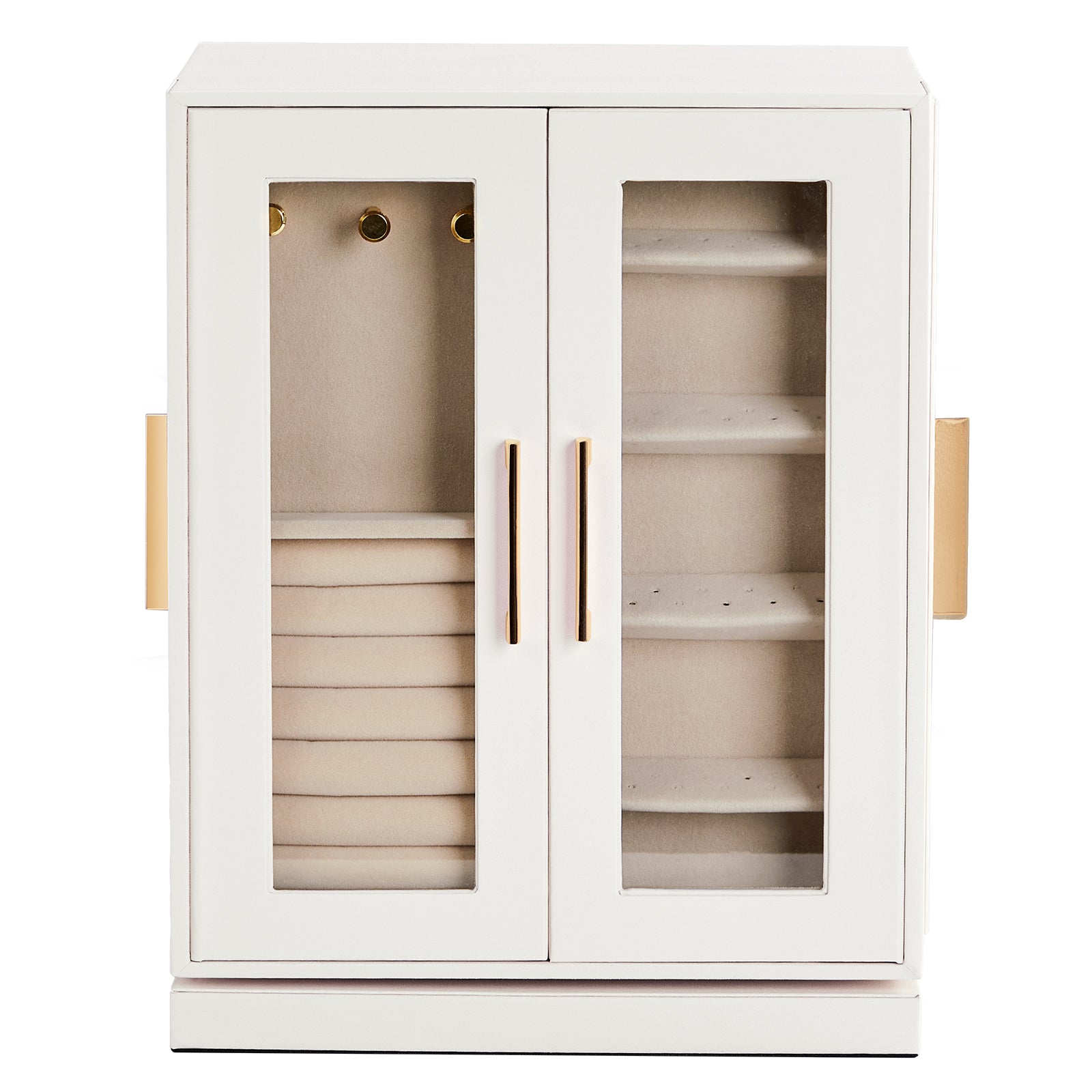 HAOYYE 360° Rotating Jewelry Box with 5 Spacious Drawers, Elegant White Cabinet and Soft Pink Velvet Lining, Multi-Functional Jewelry Organizer for Rings, Necklaces, Earrings, and Accessories