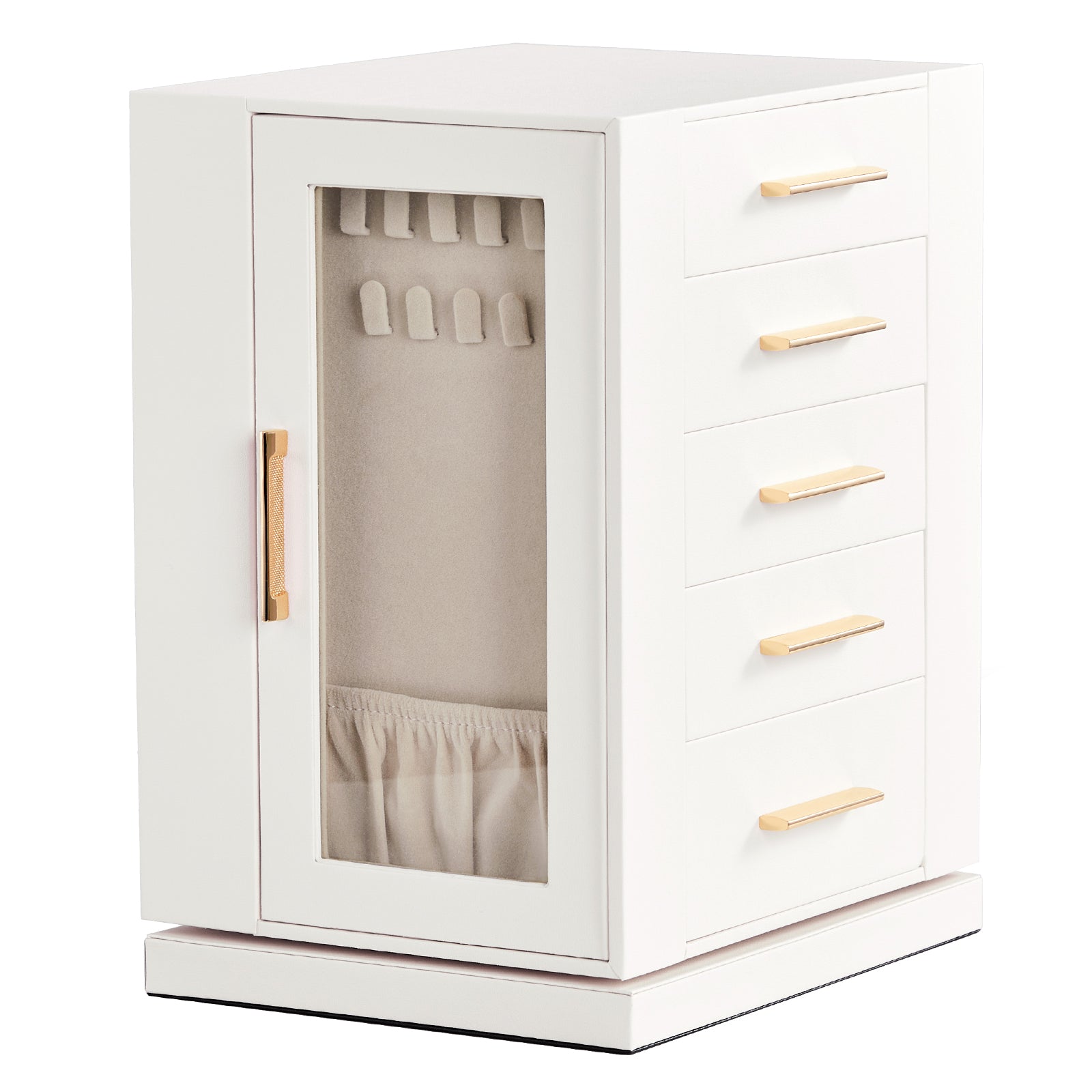 HAOYYE 360° Rotating Jewelry Box with 5 Spacious Drawers, Elegant White Cabinet and Soft Pink Velvet Lining, Multi-Functional Jewelry Organizer for Rings, Necklaces, Earrings, and Accessories
