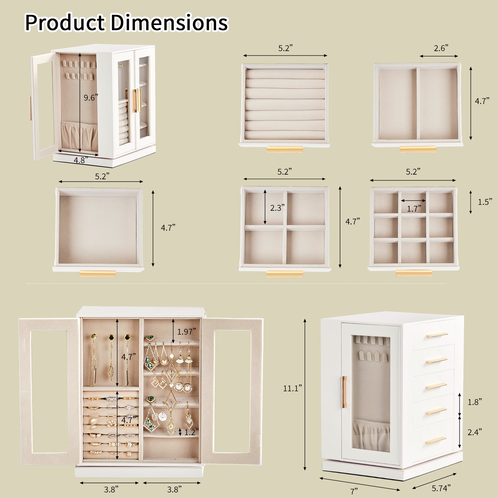 HAOYYE 360° Rotating Jewelry Box with 5 Spacious Drawers, Elegant White Cabinet and Soft Pink Velvet Lining, Multi-Functional Jewelry Organizer for Rings, Necklaces, Earrings, and Accessories