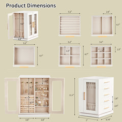 HAOYYE 360° Rotating Jewelry Box with 5 Spacious Drawers, Elegant White Cabinet and Soft Pink Velvet Lining, Multi-Functional Jewelry Organizer for Rings, Necklaces, Earrings, and Accessories
