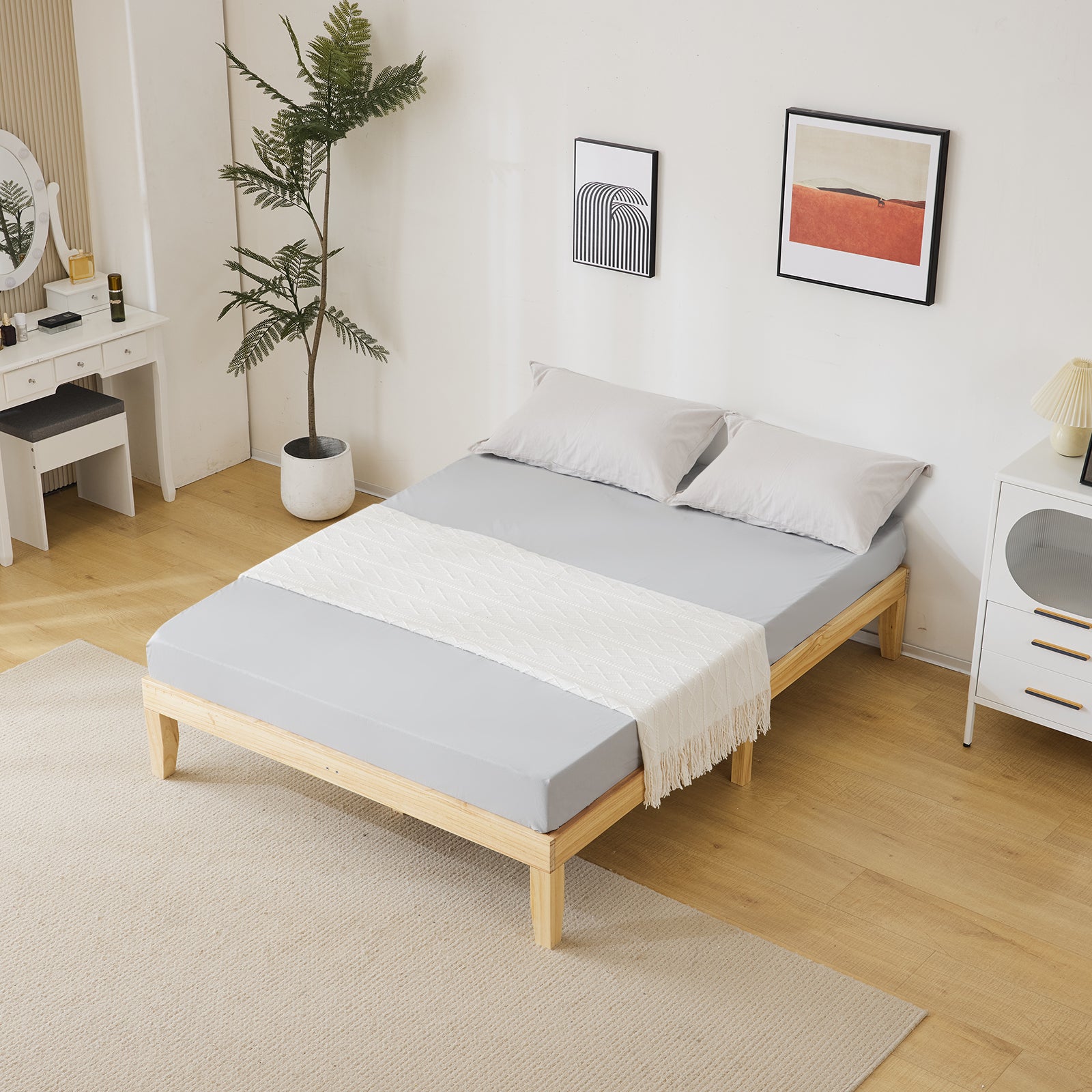 HAOYYE Queen Size Solid Pine Platform Bed Frame with Slats and Storage Space Underneath, 12" Tall Wooden Bed Frame No Box Spring Needed Original