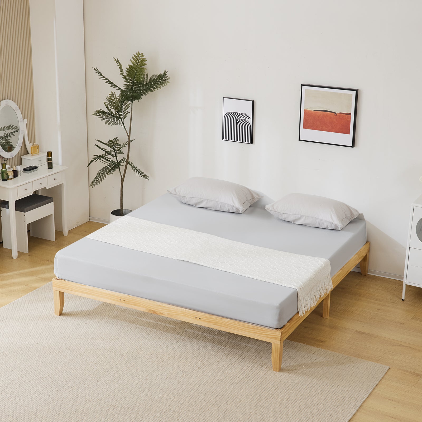 HAOYYE Basic Painted Pine Wood Bed Frame King Size Wooden Bed Simple and Durable Design Classic Natural Finish Sturdy Construction Perfect for Bedroom