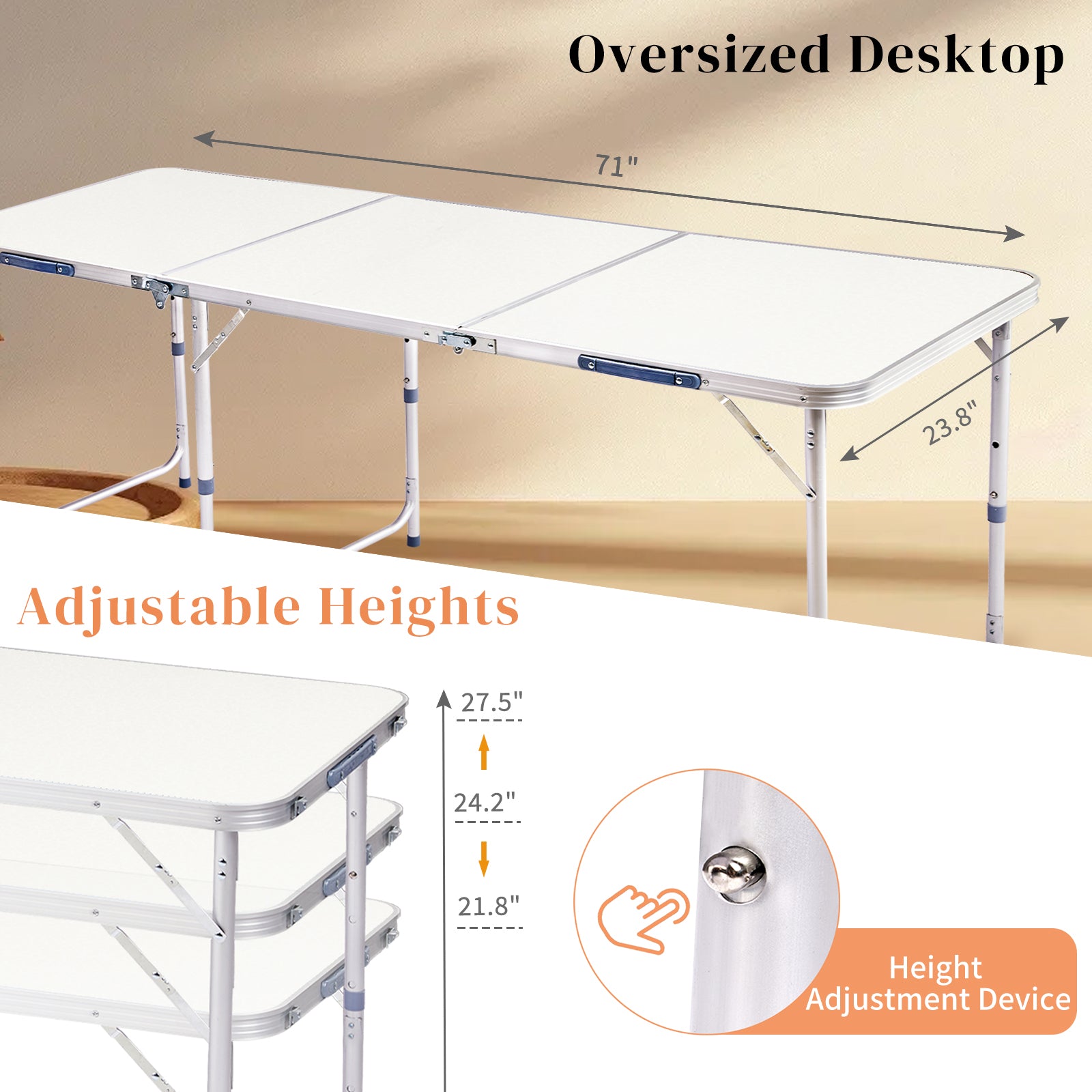 HAOYYE Aluminum Alloy Folding Table White Portable Picnic Dining Table with Carry Handle Lightweight Foldable Desk for Indoor Outdoor Camping Party Backyard Garden Office Easy to Set Up and Store