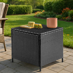 HAOYYE Outdoor PE Wicker Side Table with Storage Patio Rattan End Table Square Container for Furniture Covers Toys Gardening Tools Black All-Weather Design