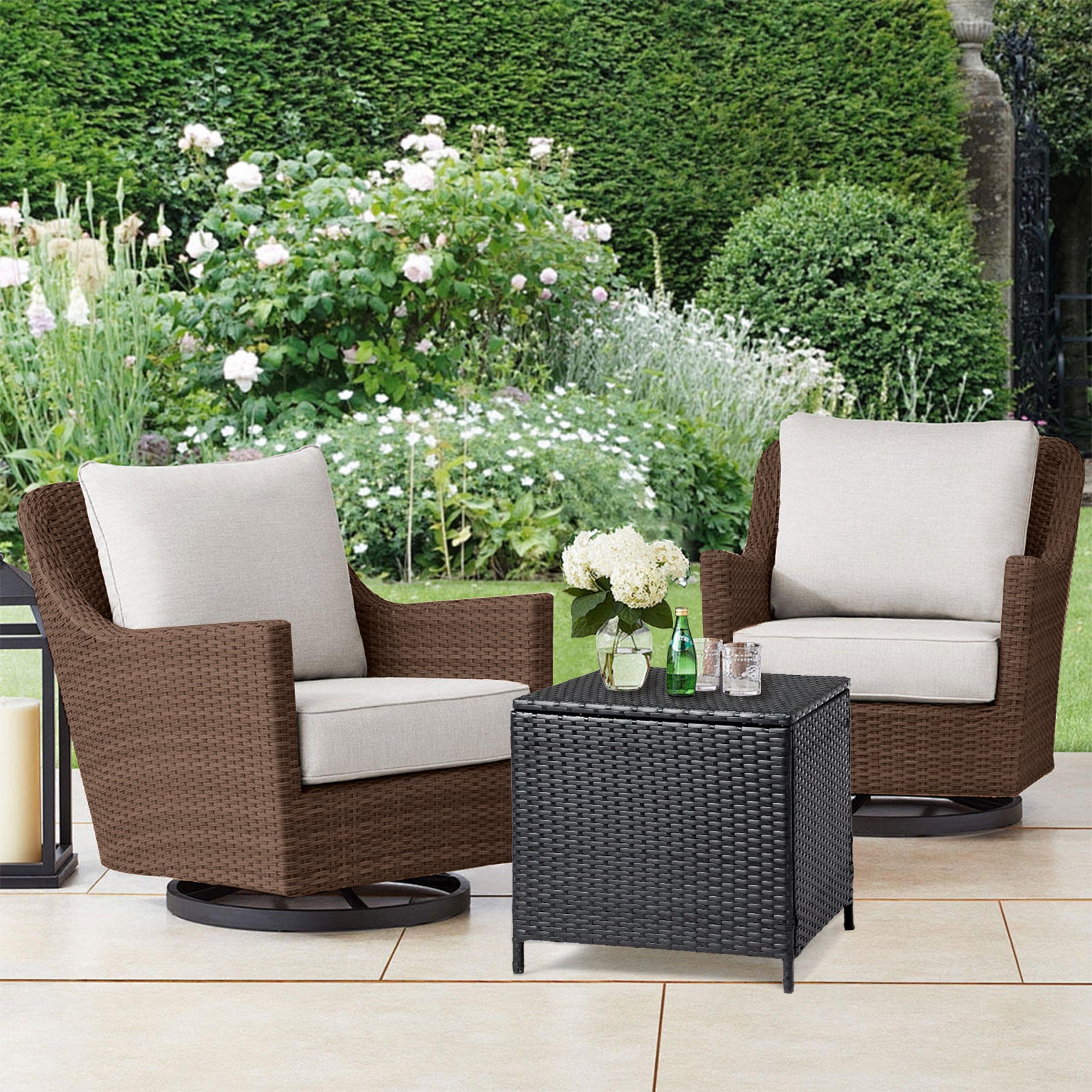 HAOYYE Outdoor PE Wicker Side Table with Storage Patio Rattan End Table Square Container for Furniture Covers Toys Gardening Tools Black All-Weather Design
