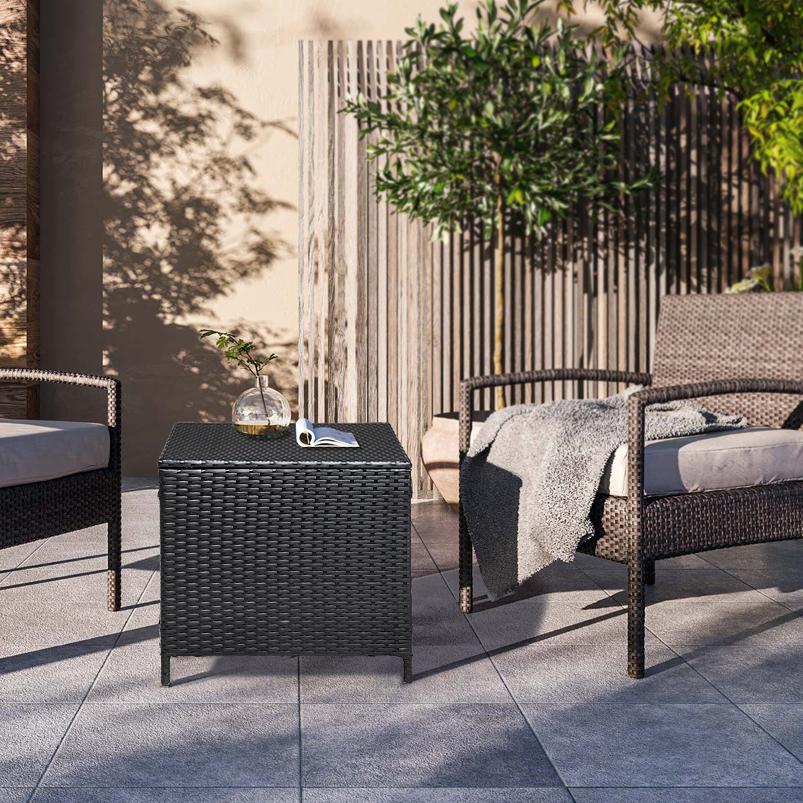 HAOYYE Outdoor PE Wicker Side Table with Storage Patio Rattan End Table Square Container for Furniture Covers Toys Gardening Tools Black All-Weather Design