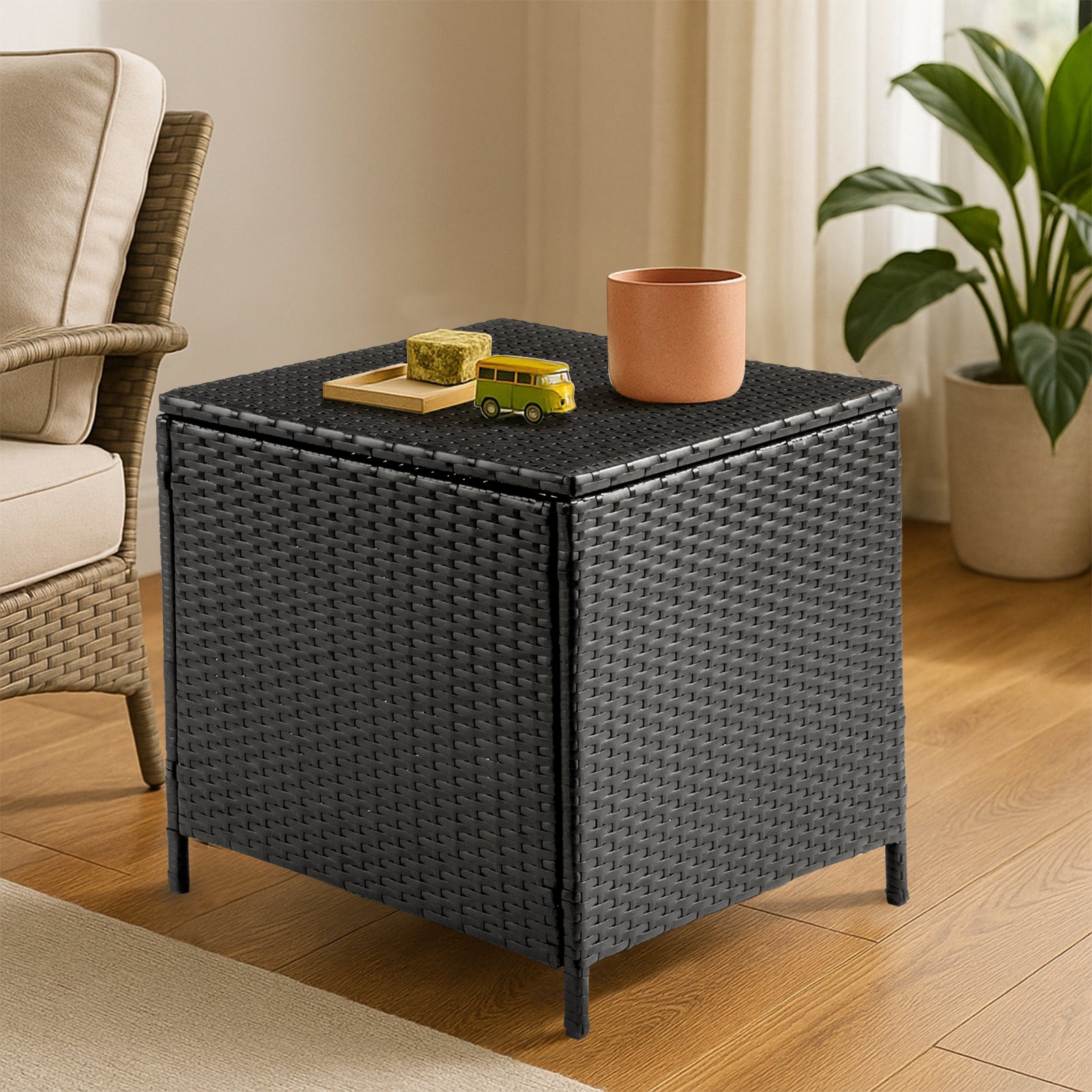 HAOYYE Outdoor PE Wicker Side Table with Storage Patio Rattan End Table Square Container for Furniture Covers Toys Gardening Tools Black All-Weather Design